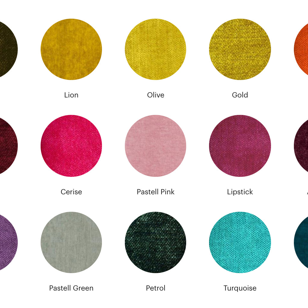 A grid of round fabric swatches in mustard, pink, magenta, grey, dark green and turquoise, each with a label