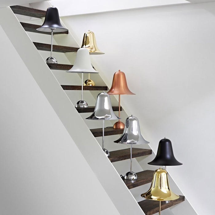 Bell-shaped table lamps in black, white, brass, copper and chrome set on dark wooden stair treads