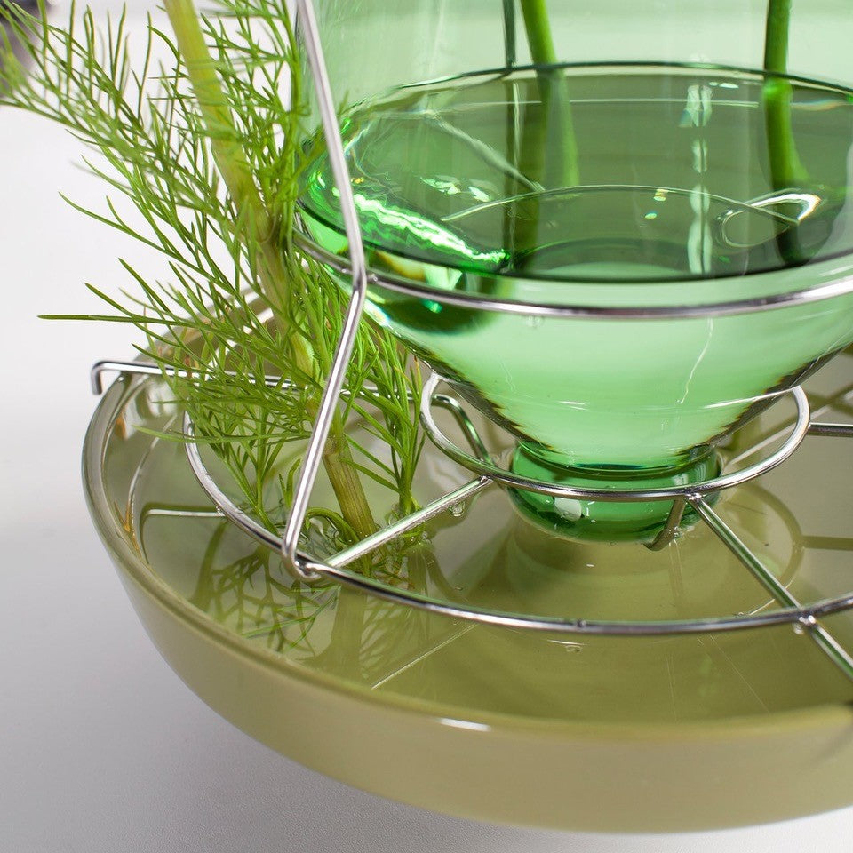 Close-up of a green glass vase on a chrome wire frame, filled with water and holding fennel stems