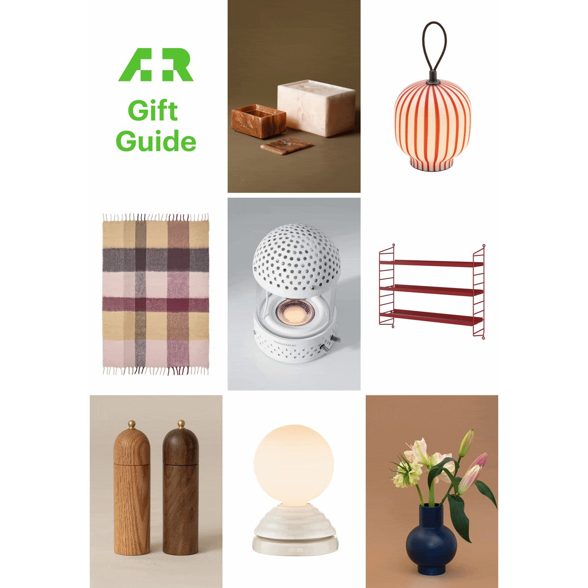 A+R Holiday Gift Guide 2026: a collage of gifts including a striped portable lamp, a plaid mohair blanket, a Transparent speaker, String shelving, wooden salt and pepper mills and a blue vase