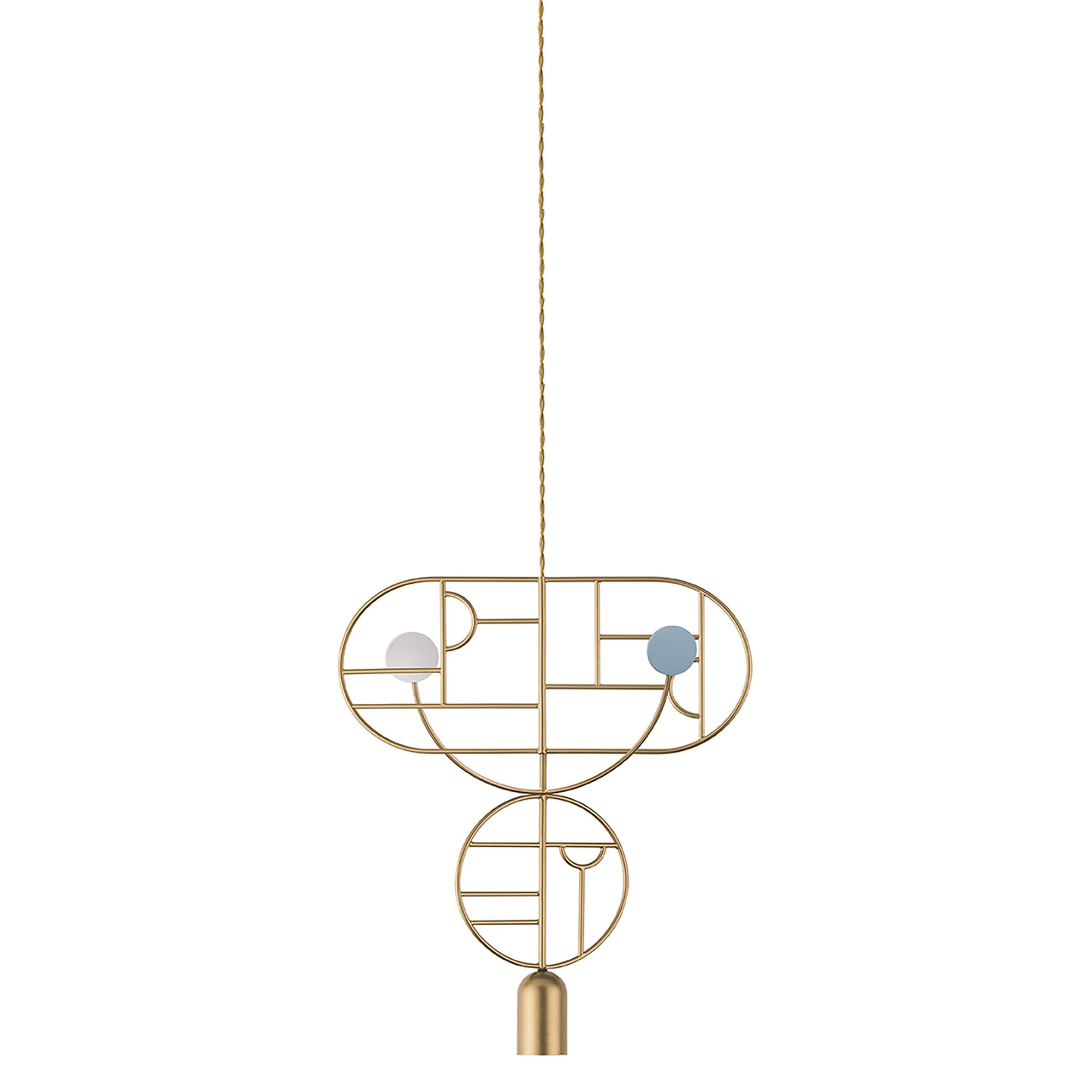 Wooden Dots Suspension Lamp: Oval + Circle with Stem + Horizontal Oval + Circle + Gold + 1 Curled Stem + Gold + Blue + White