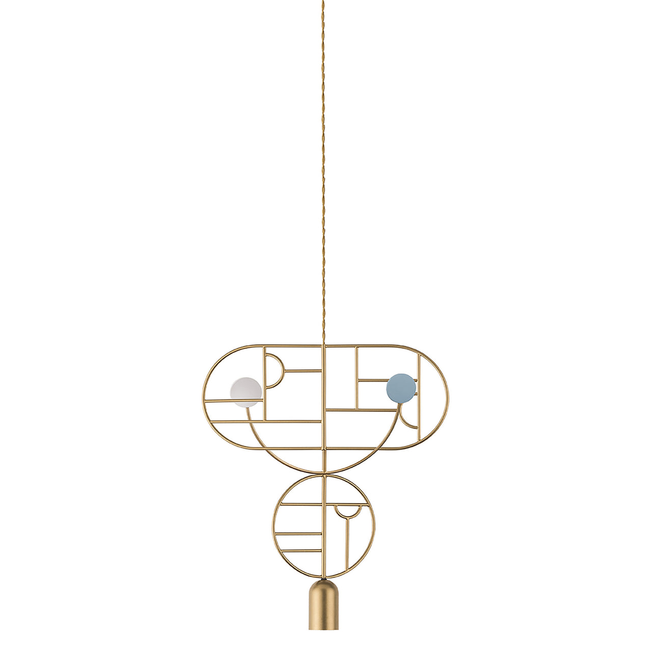 Wooden Dots Suspension Lamp: Oval + Circle with Stem + Horizontal Oval + Circle + Gold + 1 Curled Stem + Gold + Blue + White