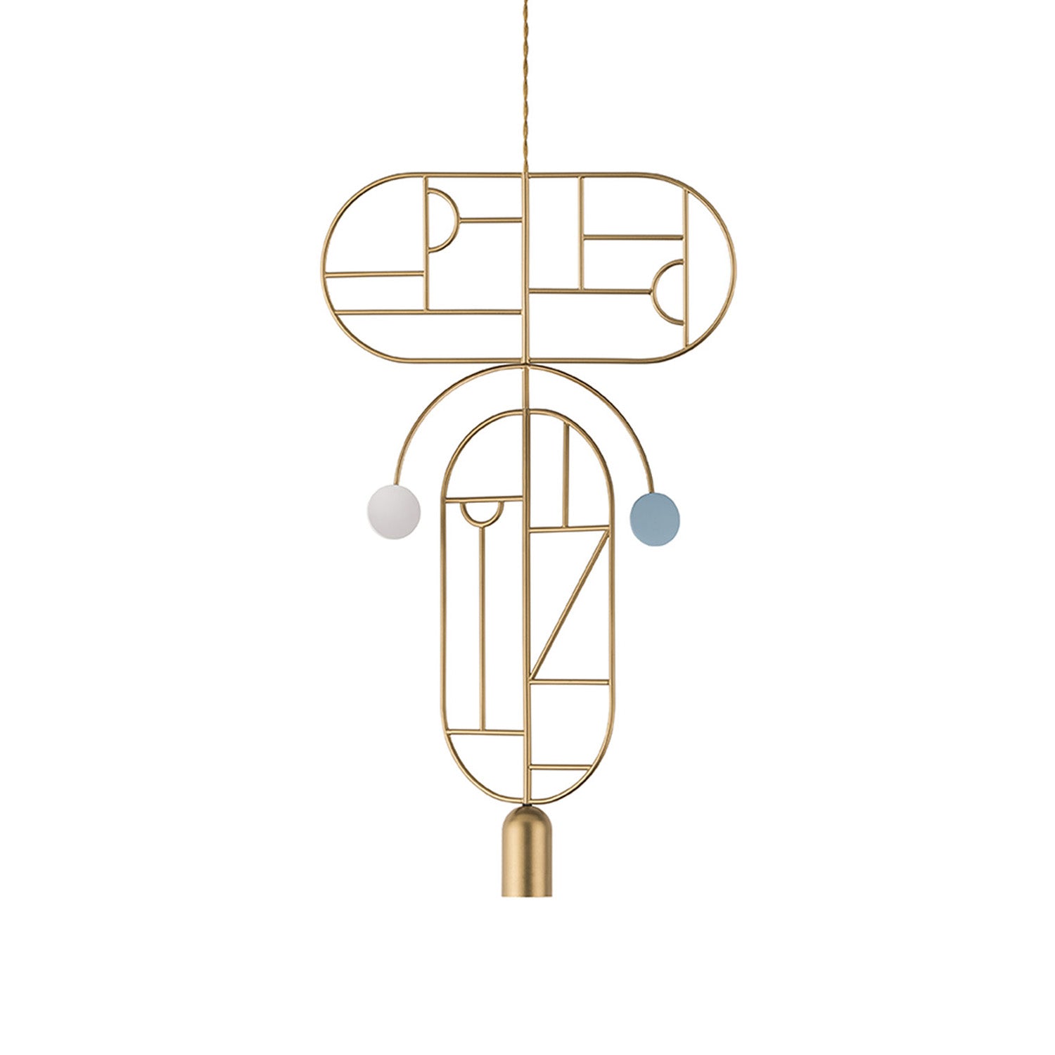 Wooden Dots Suspension Lamp: Oval with Stem + Horizontal + Vertical + Gold + 1 Curled Stem + Gold + Blue + White