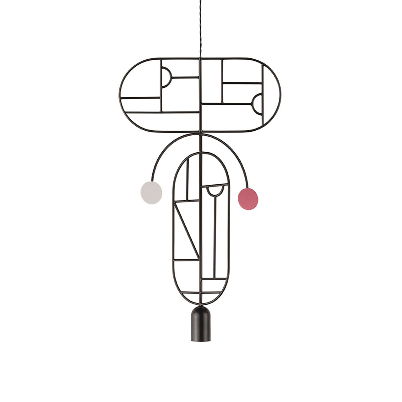 Wooden Dots Suspension Lamp: Horizontal + Vertical + Graphite + 1 Curled Stem + Graphite + White + Pink