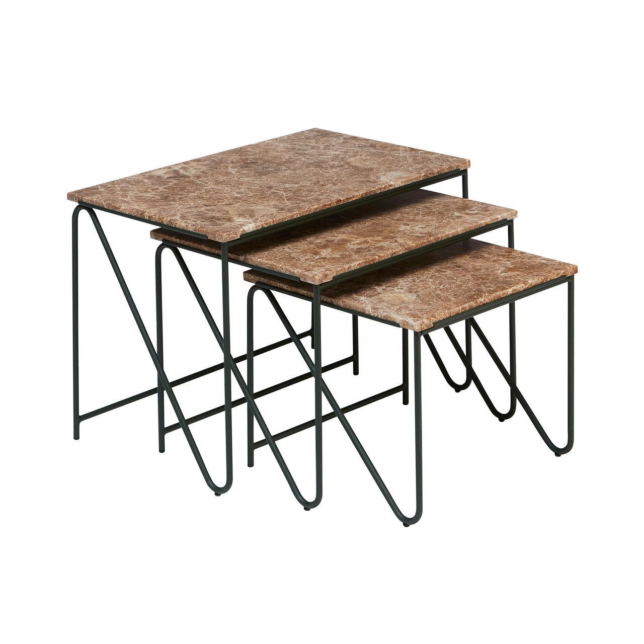 Triptych Nesting Tables: Set of 3 + Monaco Brown Limestone + Cedar Green