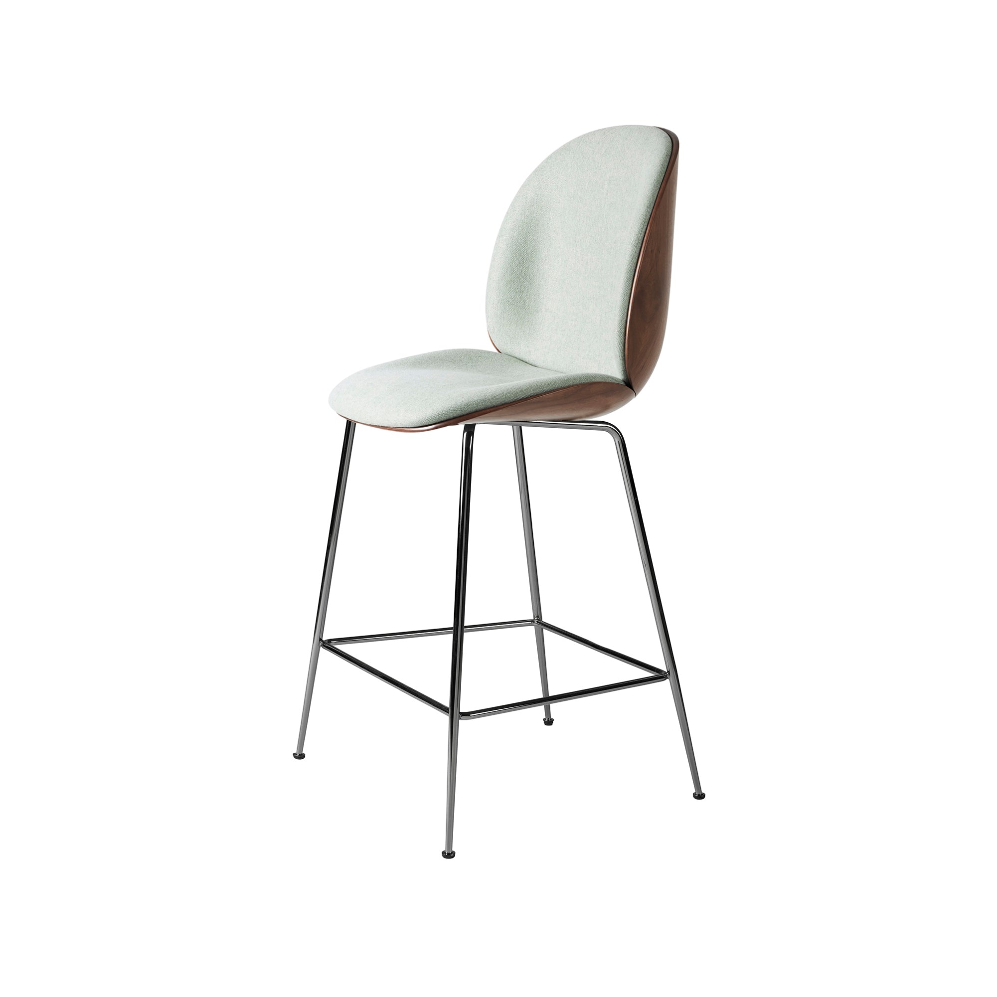 Beetle Counter Chair: Veneer Shell + Front Upholstered + Black Chrome + American Walnut
