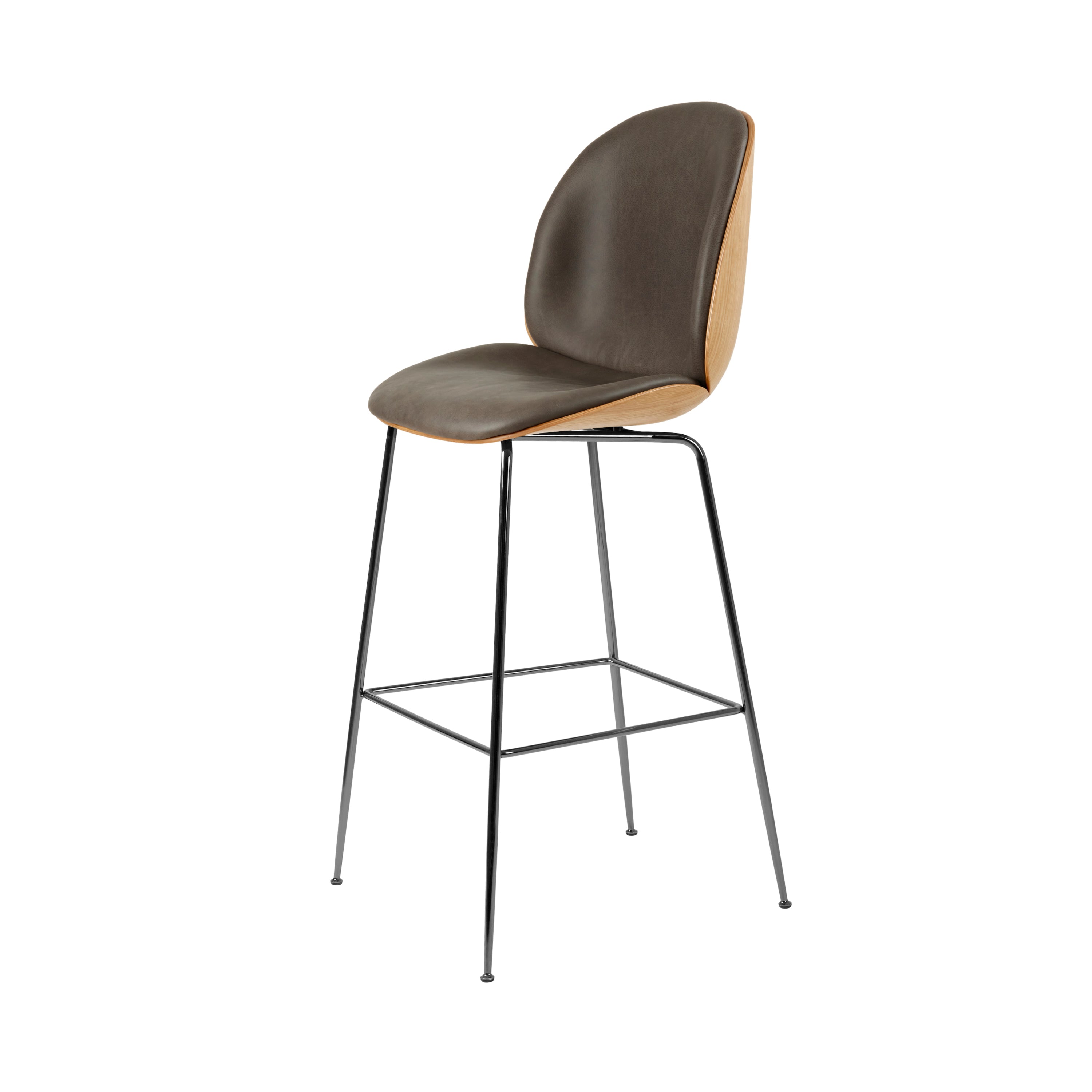 Beetle Bar Chair Conic Base: Veneer Shell + Front Upholstered + Black Chrome + Oak