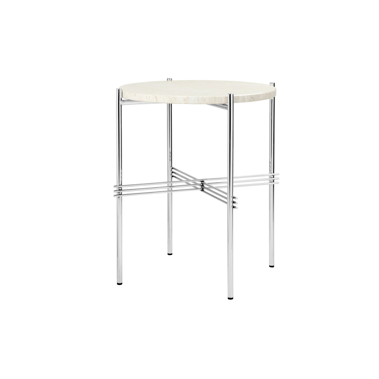 TS Round Side Table: Polished Steel + Neutral White Travertine