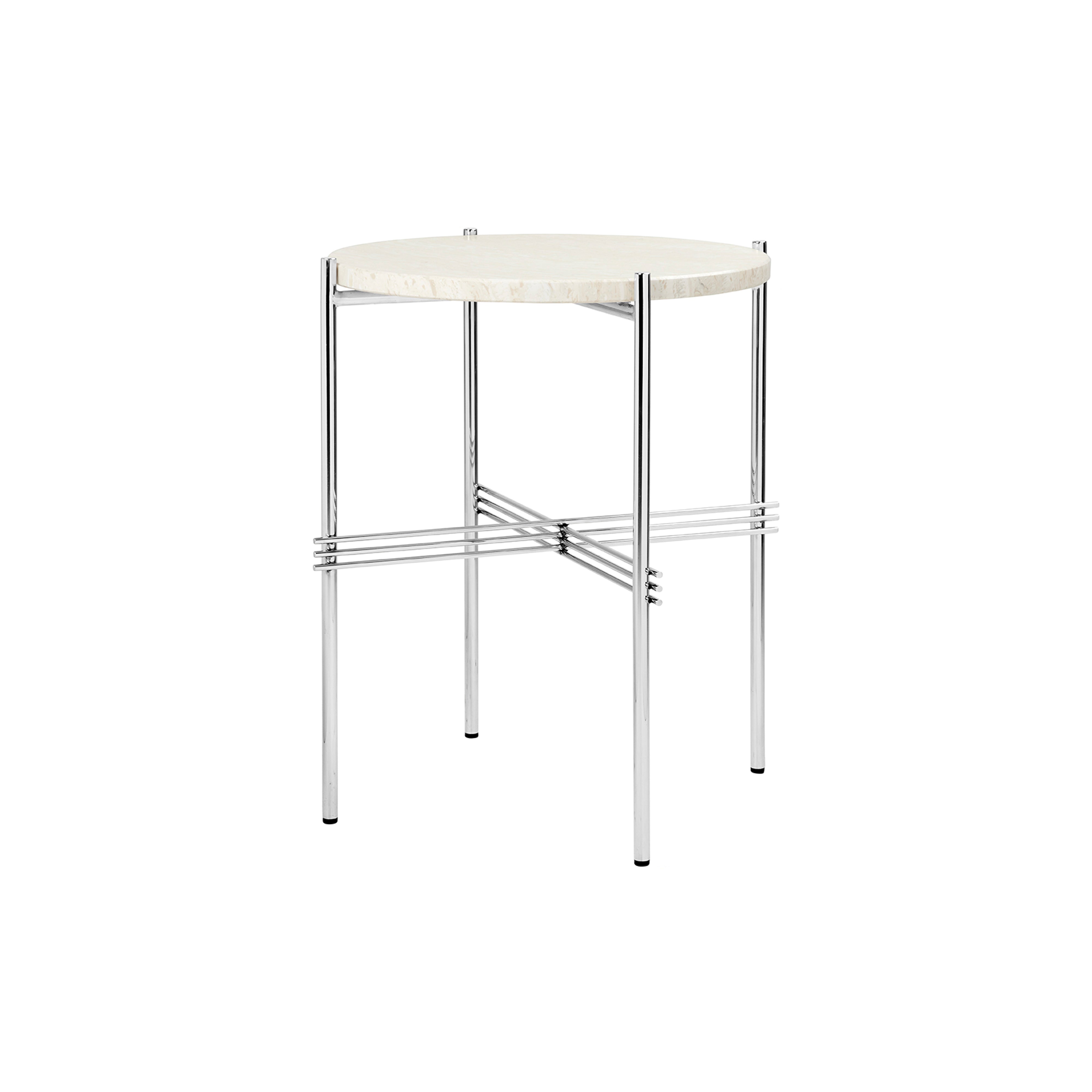 TS Round Side Table: Polished Steel + Neutral White Travertine