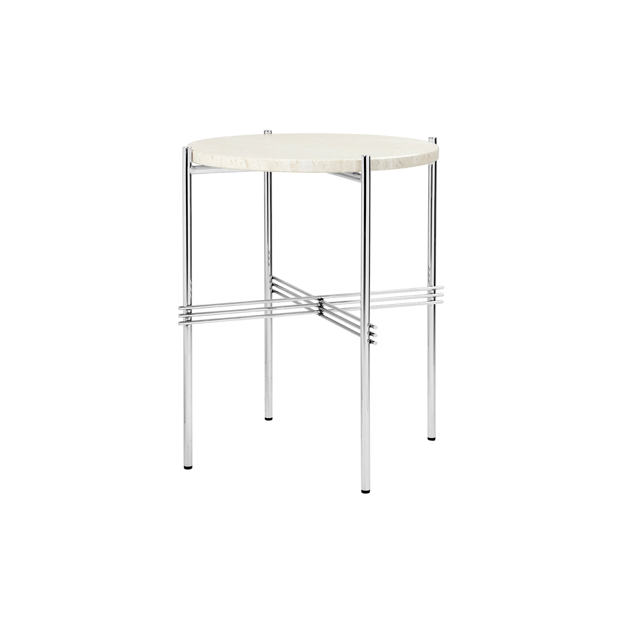TS Round Side Table: Polished Steel + Neutral White Travertine