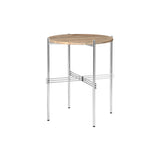TS Round Side Table: Polished Steel + Warm Taupe Travertine