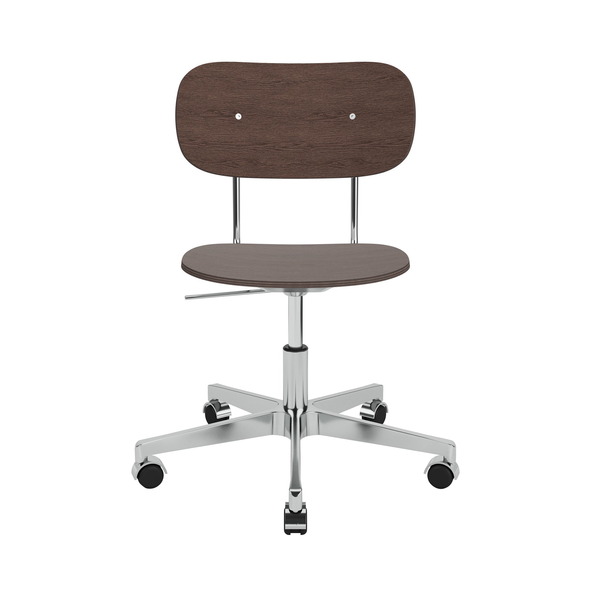 Co Task Chair with Casters: Without Armrest + Polished Aluminum + Dark Stained Oak