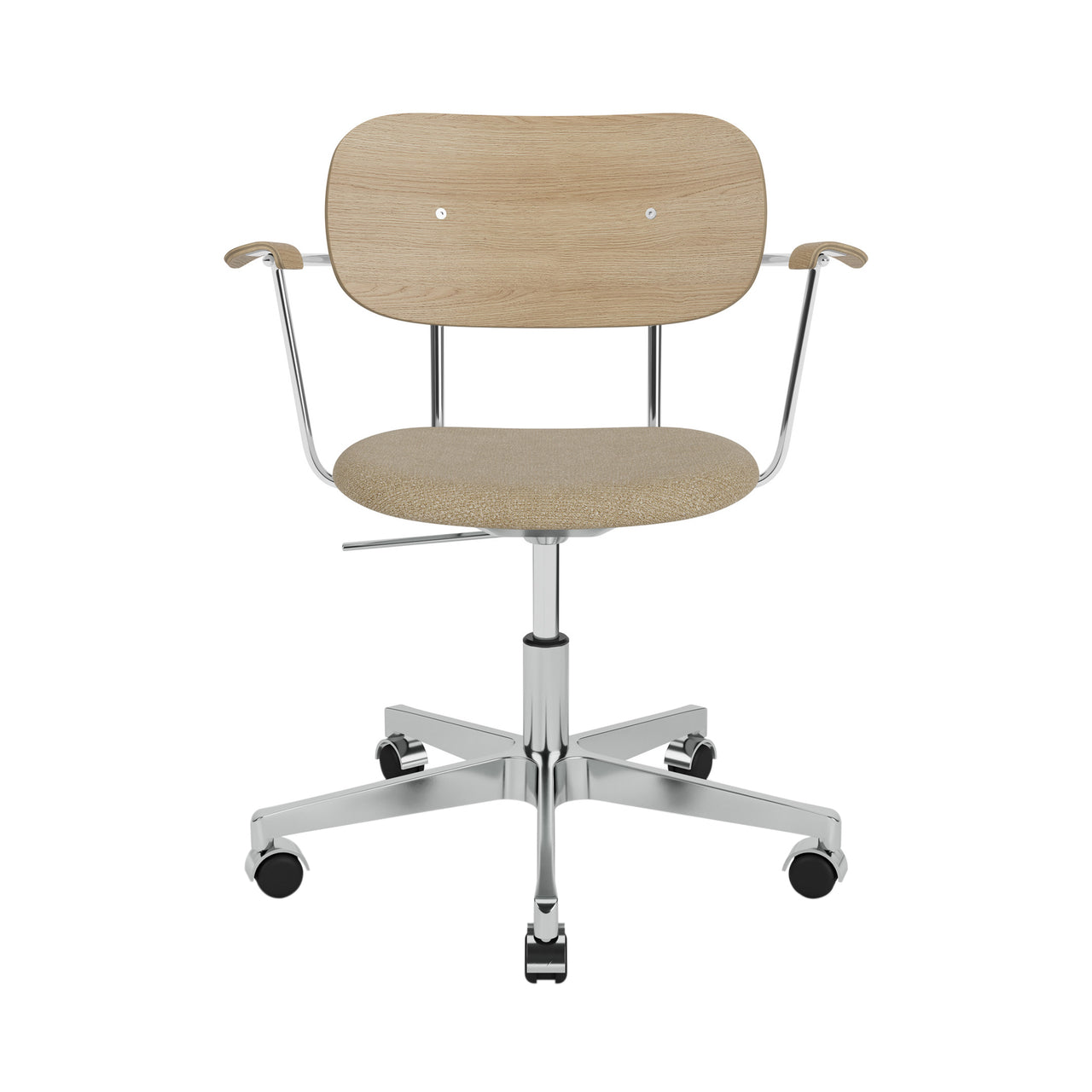 Co Task Armchair with Casters: Seat Upholstered + Polished Aluminum + Natural Oak  + Boucle 02