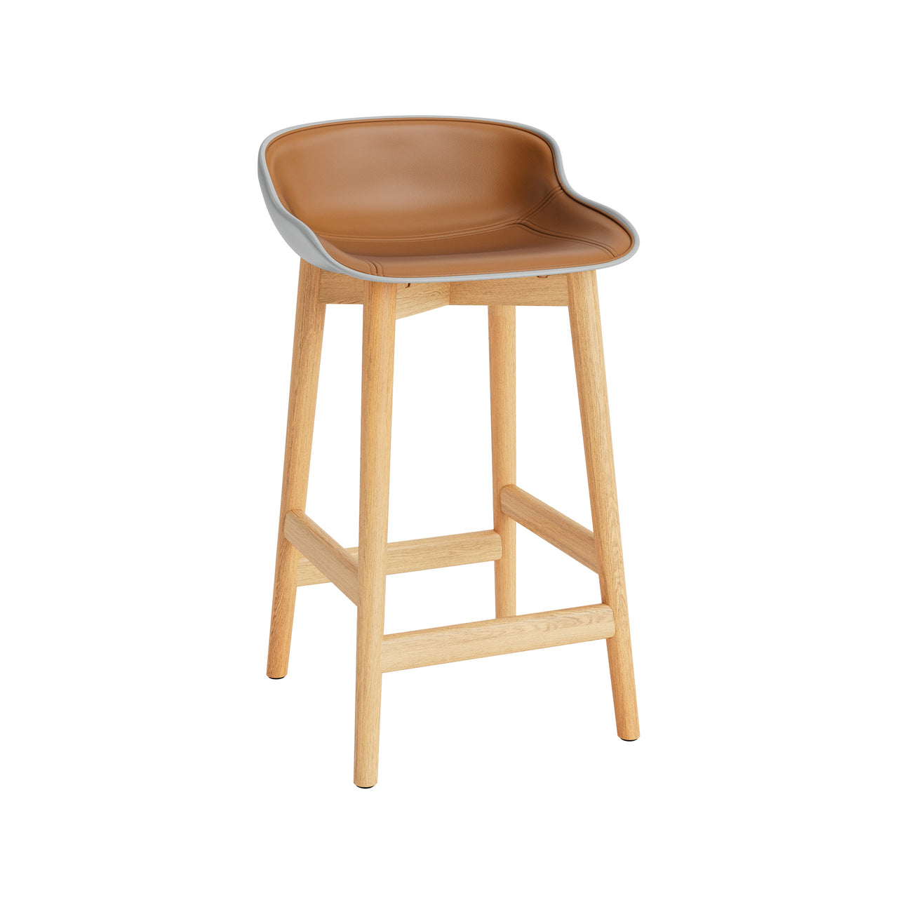 Hyg Counter Stool: Wood Base + Front Upholstered + Oak + Grey