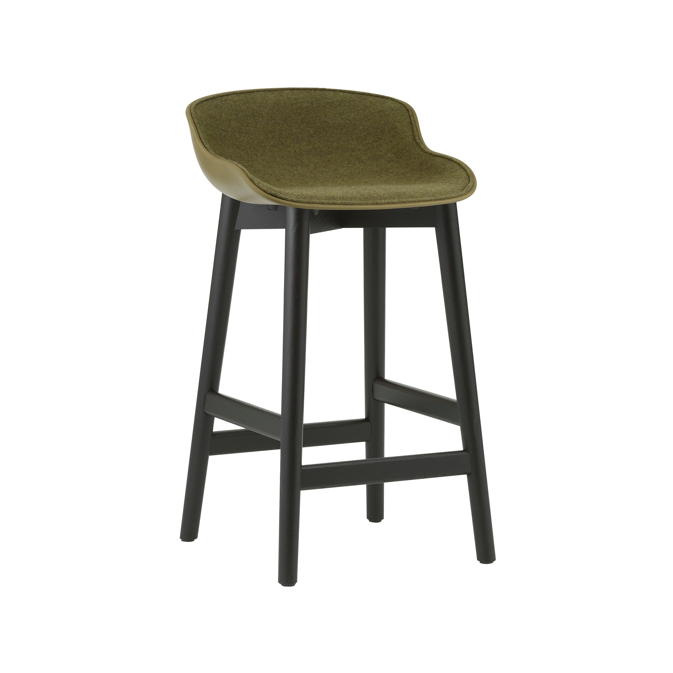 Hyg Counter Stool: Wood Base + Front Upholstered + Black Oak + Olive