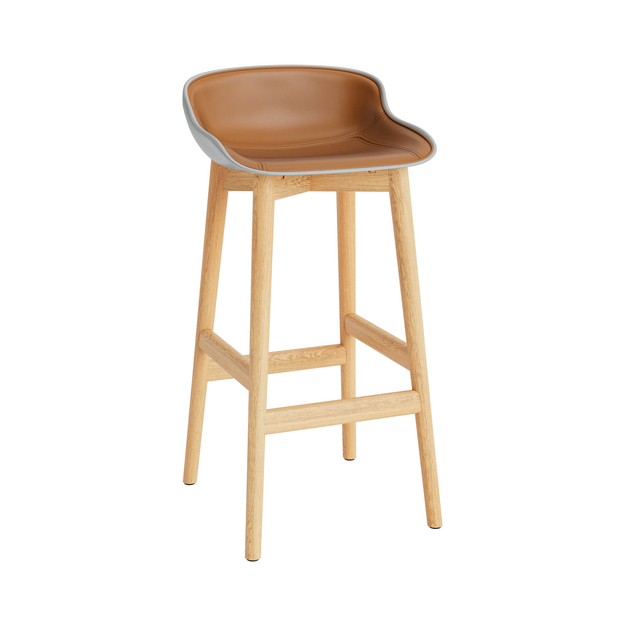 Hyg Bar Stool: Wood Base + Front Upholstered + Oak + Grey