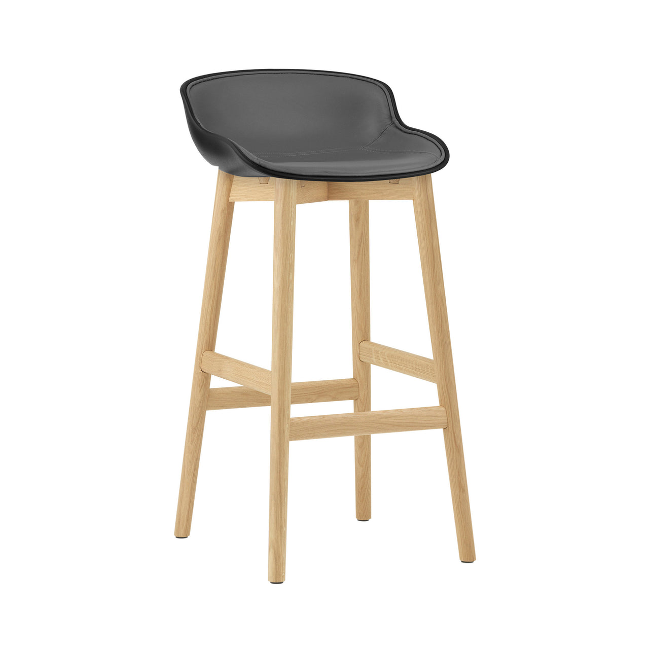 Hyg Bar Stool: Wood Base + Front Upholstered + Oak + Black