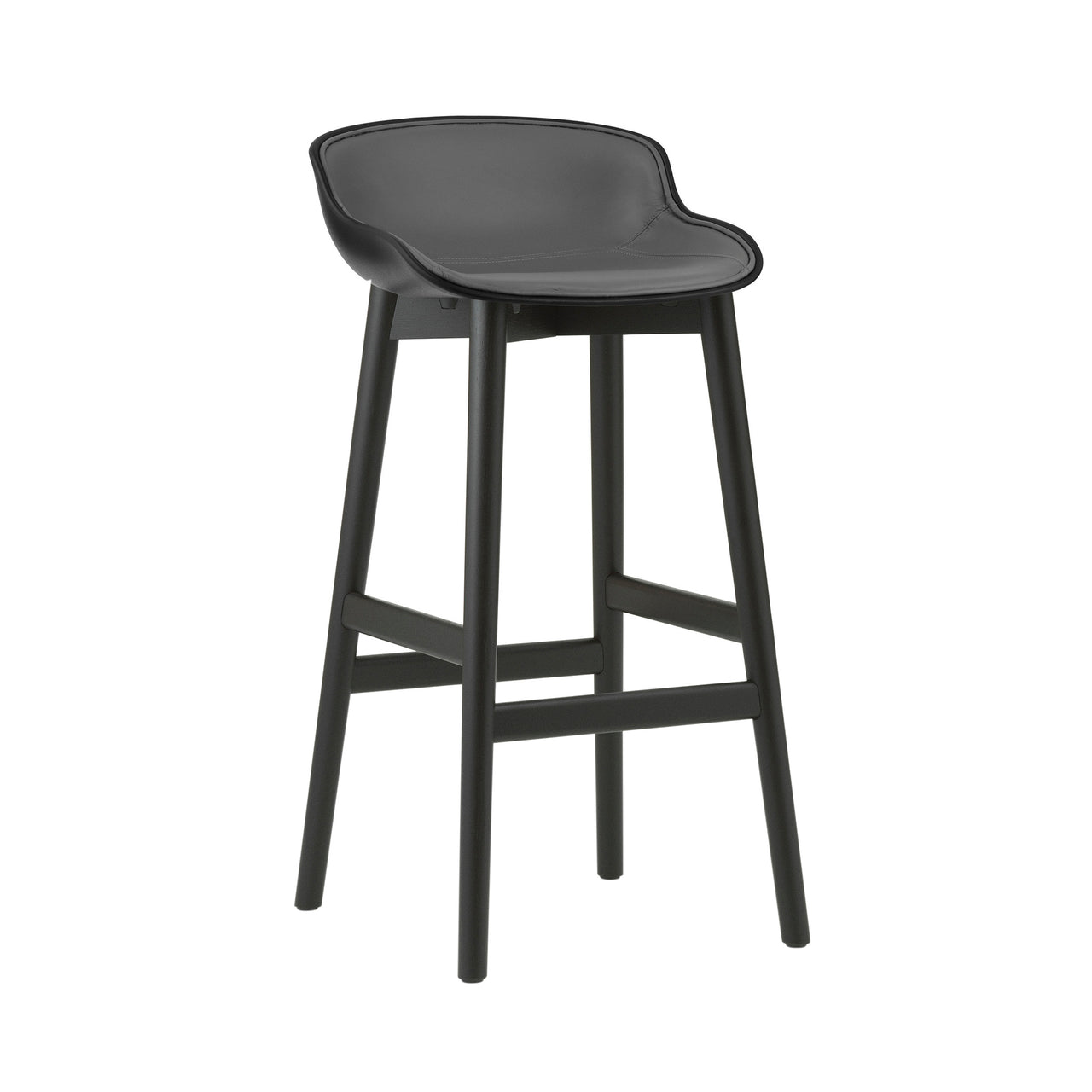 Hyg Bar Stool: Wood Base + Front Upholstered + Black Oak + Black