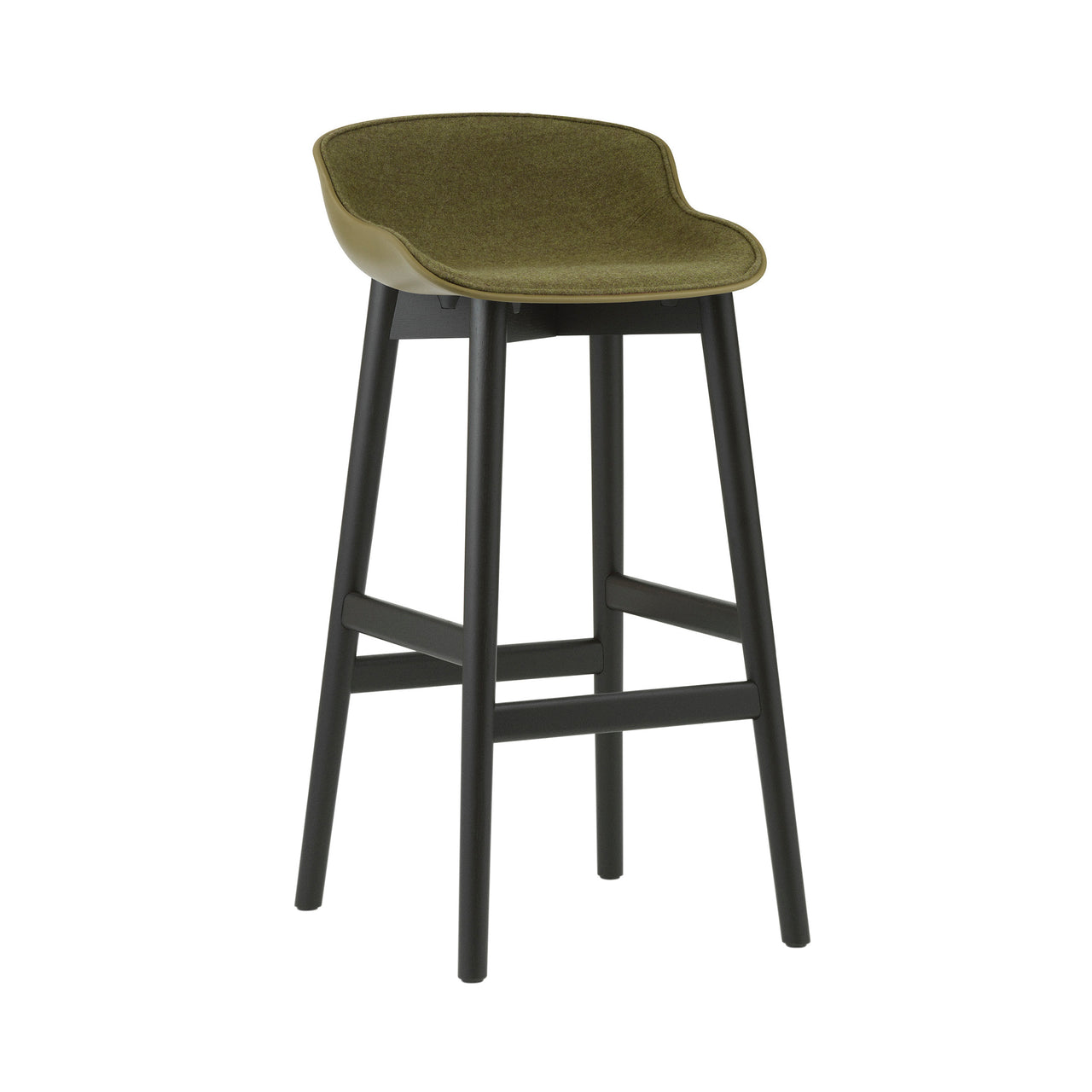 Hyg Bar Stool: Wood Base + Front Upholstered + Black Oak + Olive