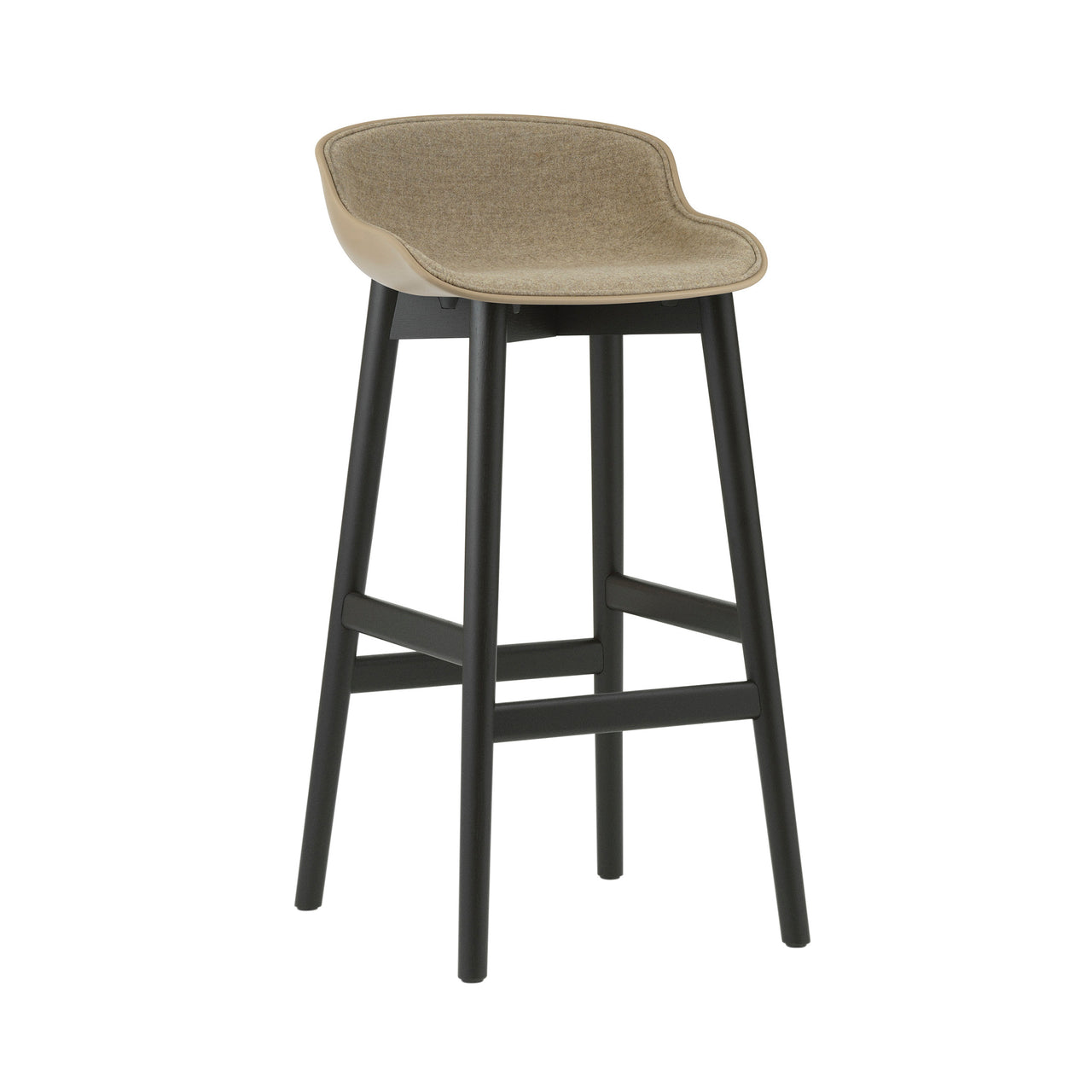 Hyg Bar Stool: Wood Base + Front Upholstered + Black Oak + Sand