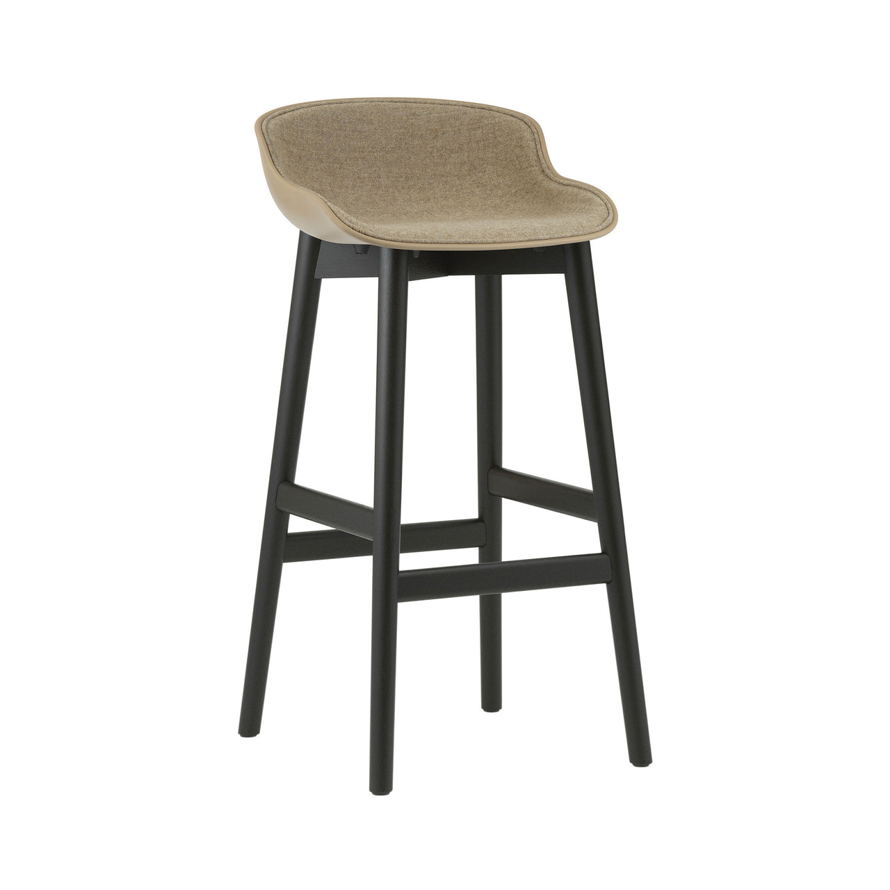 Hyg Bar Stool: Wood Base + Front Upholstered + Black Oak + Sand