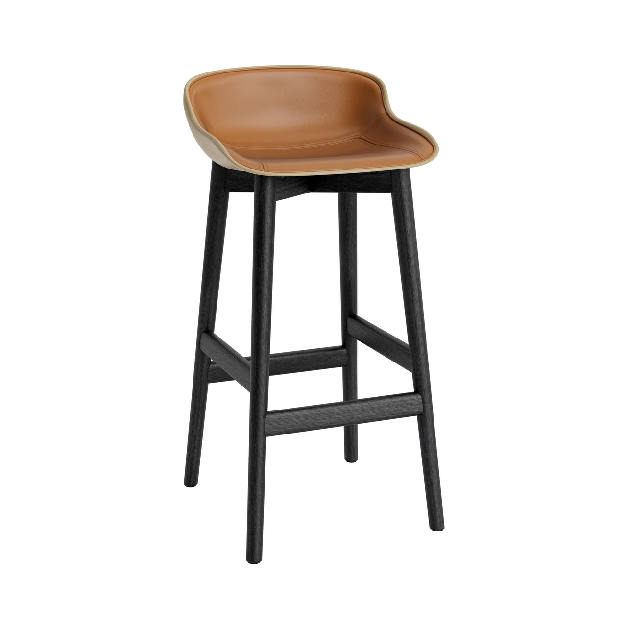 Hyg Bar Stool: Wood Base + Front Upholstered + Black Oak + Sand