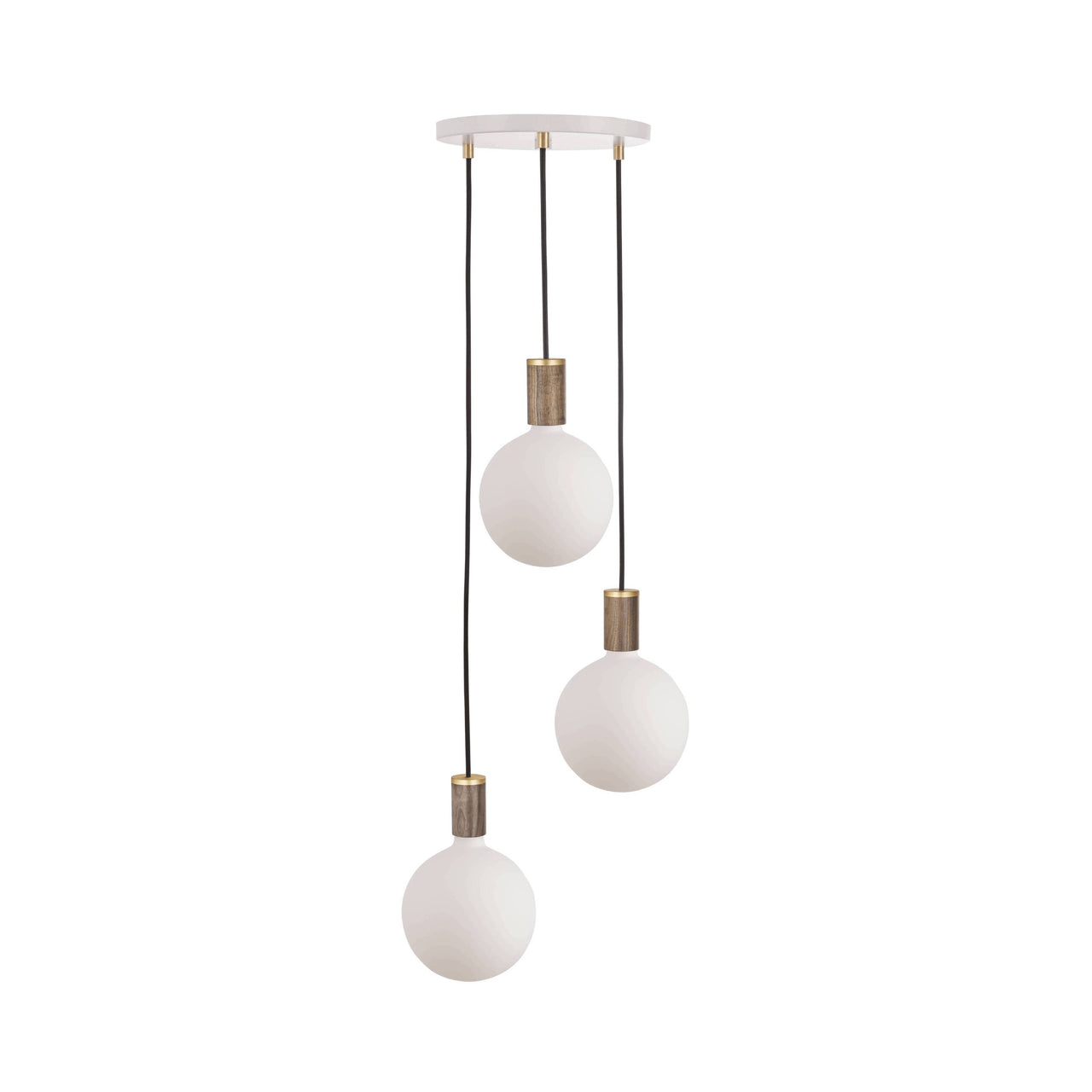 Triple Pendant with Sphere IV: White + Walnut + Brass