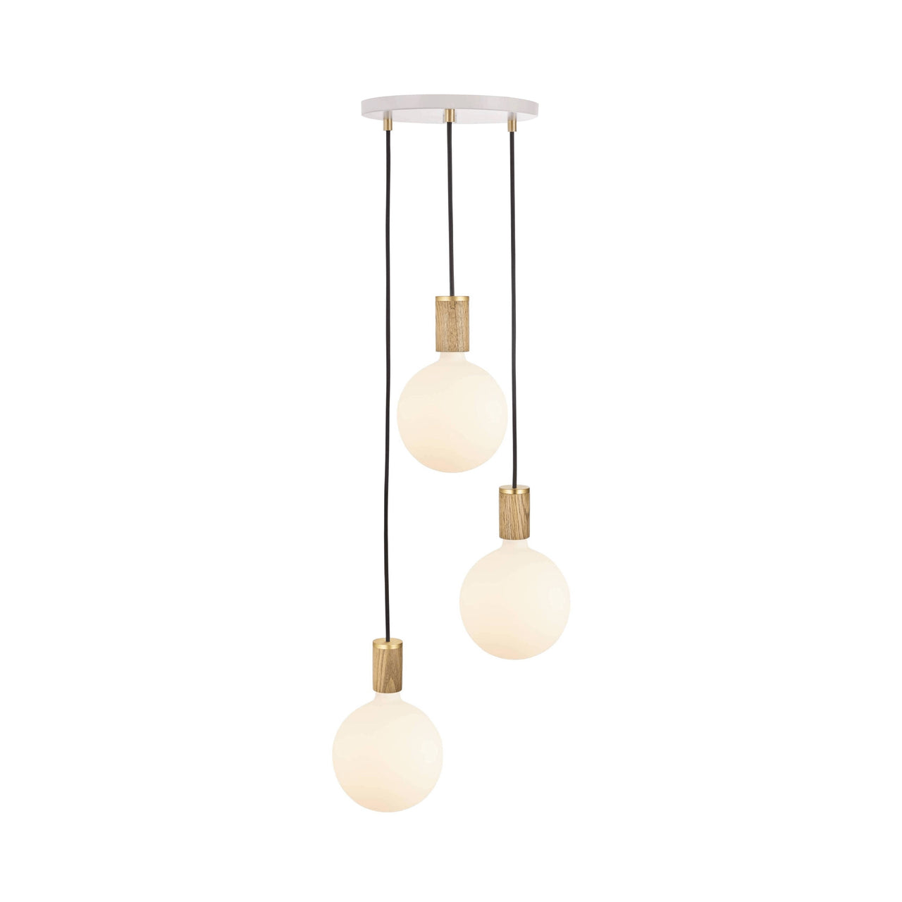 Triple Pendant with Sphere IV: White + Oak + Brass