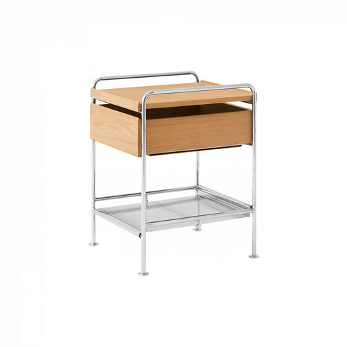 Alima Side Table: NDS3 + Chrome + Lacquered Oak