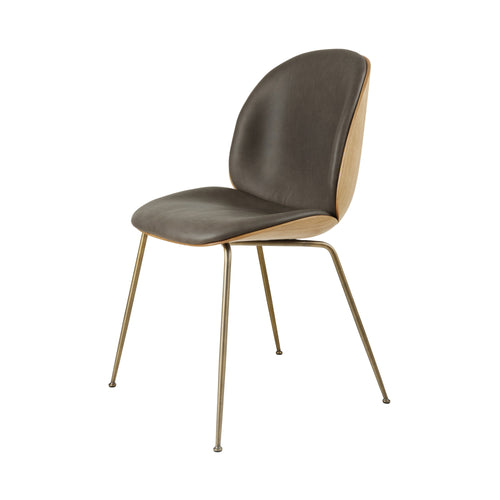 Beetle Dining Chair Conic Base: Veneer Shell + Front Upholstered + Oak + Antique Brass