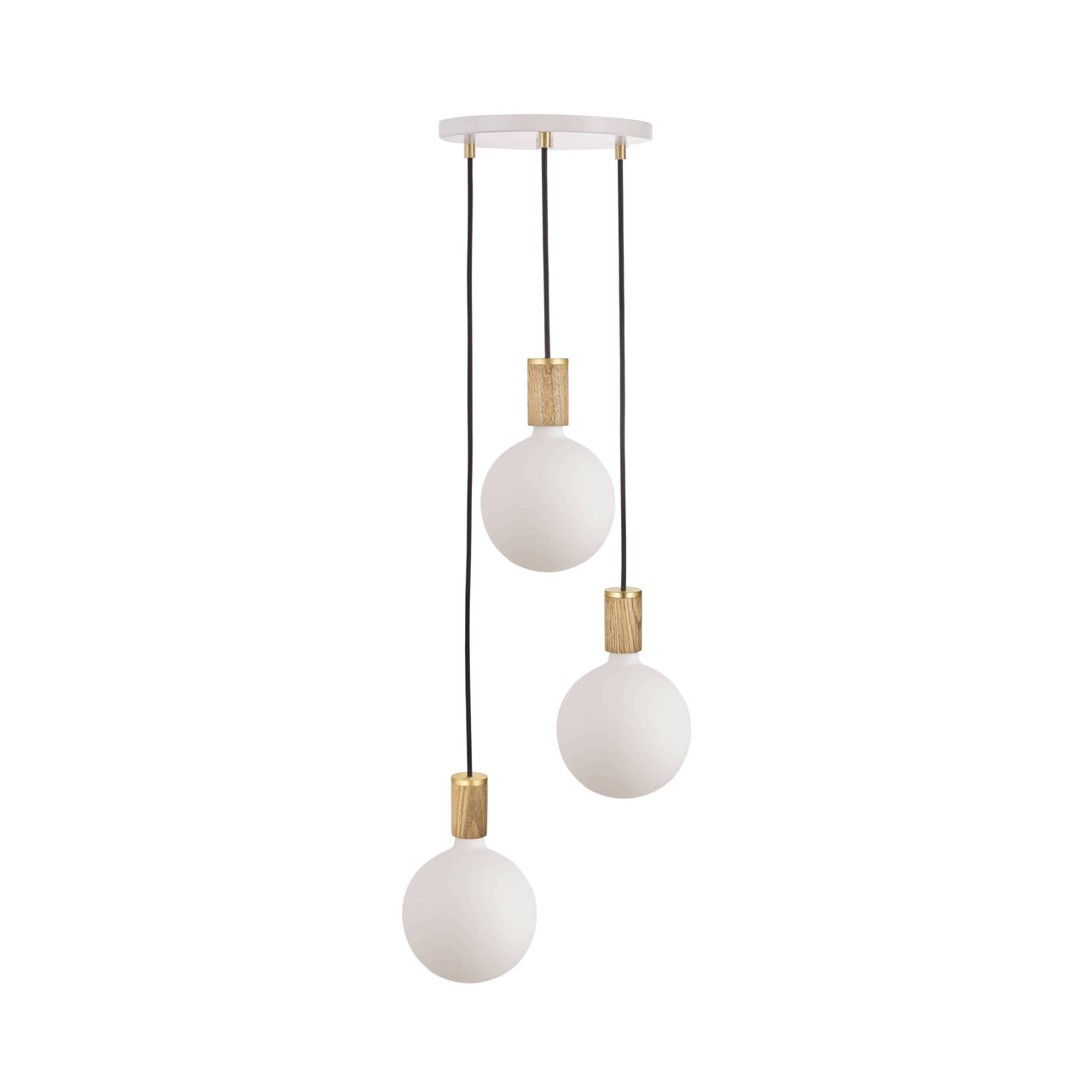 Triple Pendant with Sphere IV: White + Oak + Brass