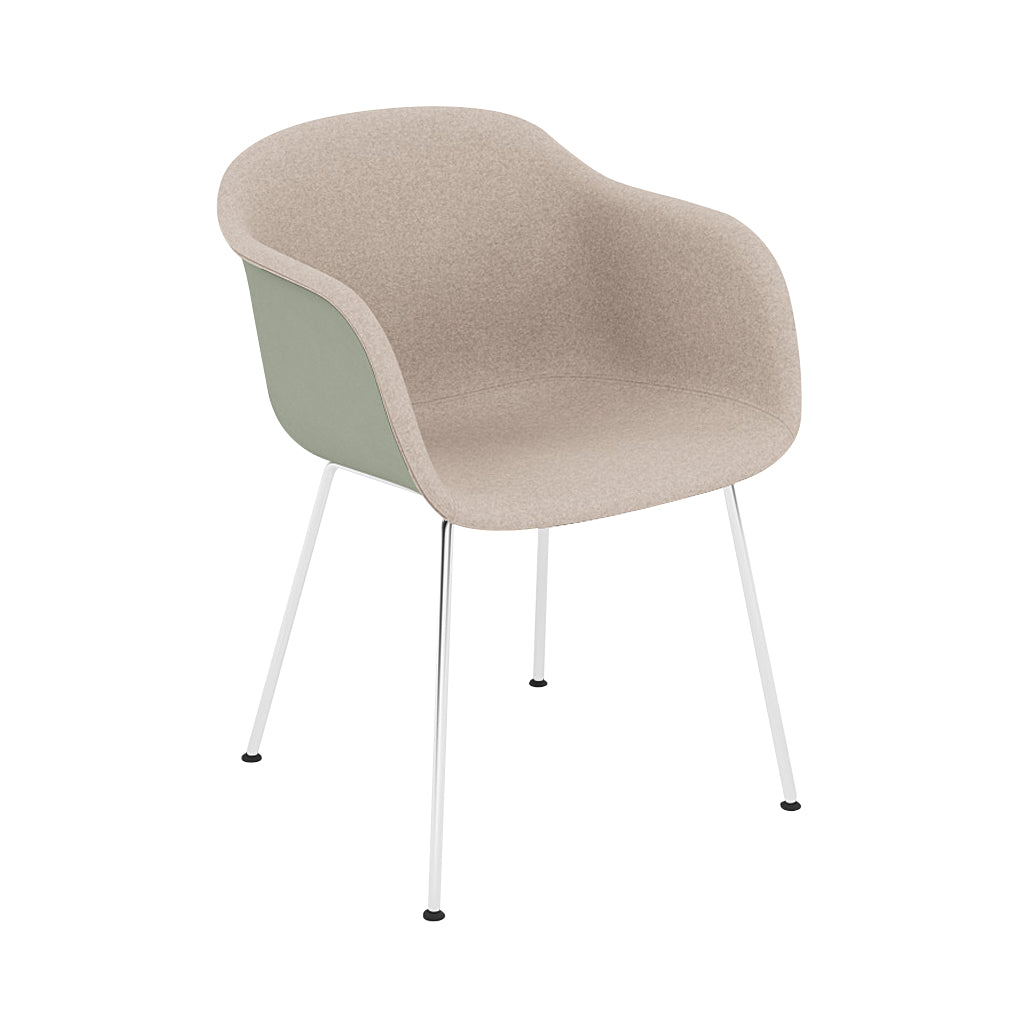 Fiber Armchair: Tube Base Front Upholstered + Recycled Shell + Chrome + Dusty Green