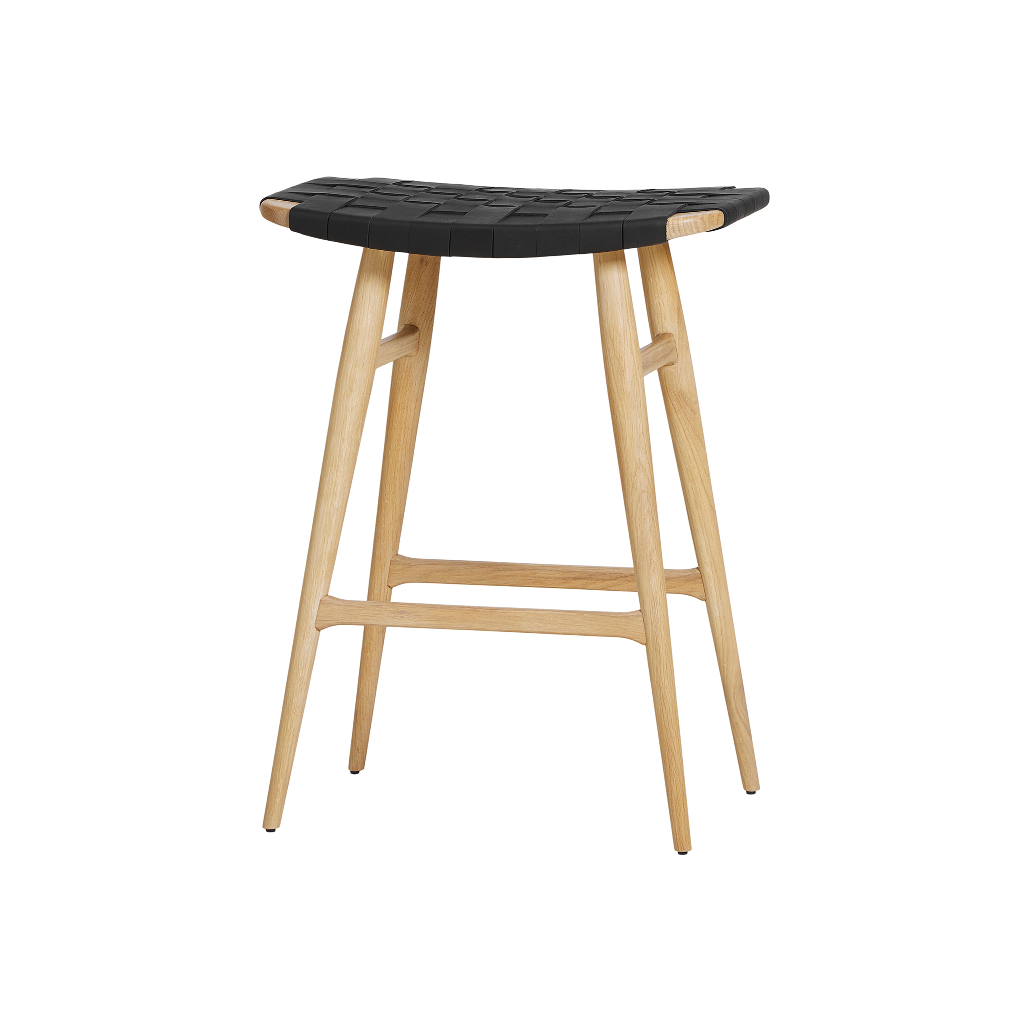 Freja Counter Stool: Natural Oak + Black Saddle + Leather Stripe Seat
