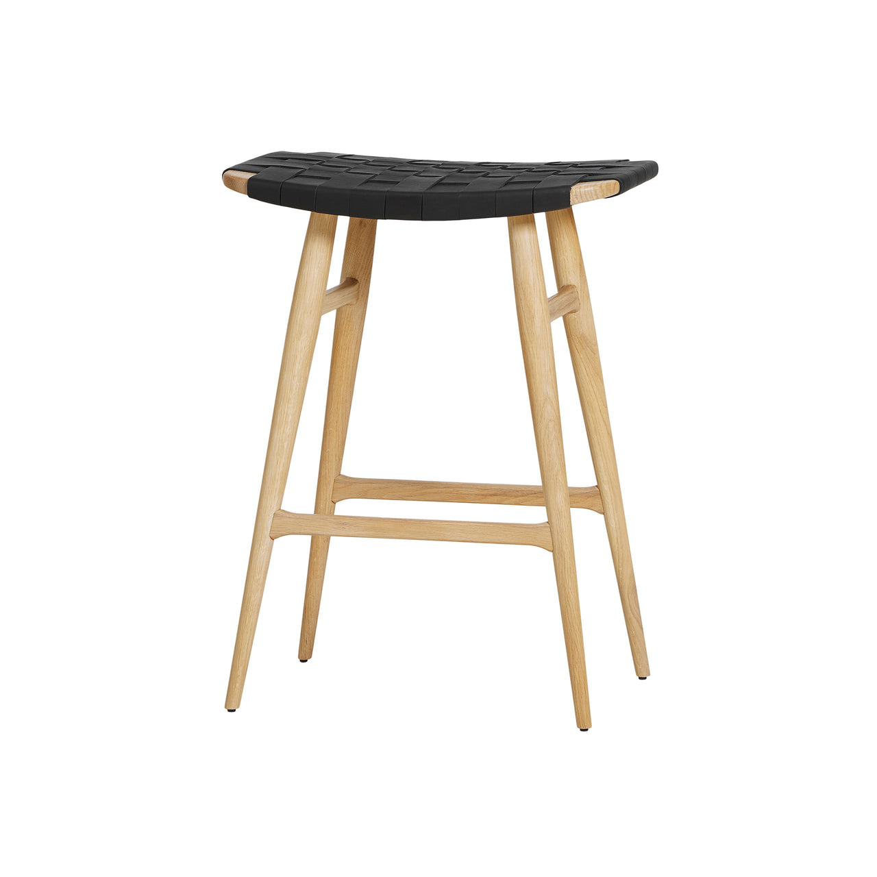 Freja Counter Stool: Natural Oak + Black Saddle + Leather Stripe Seat
