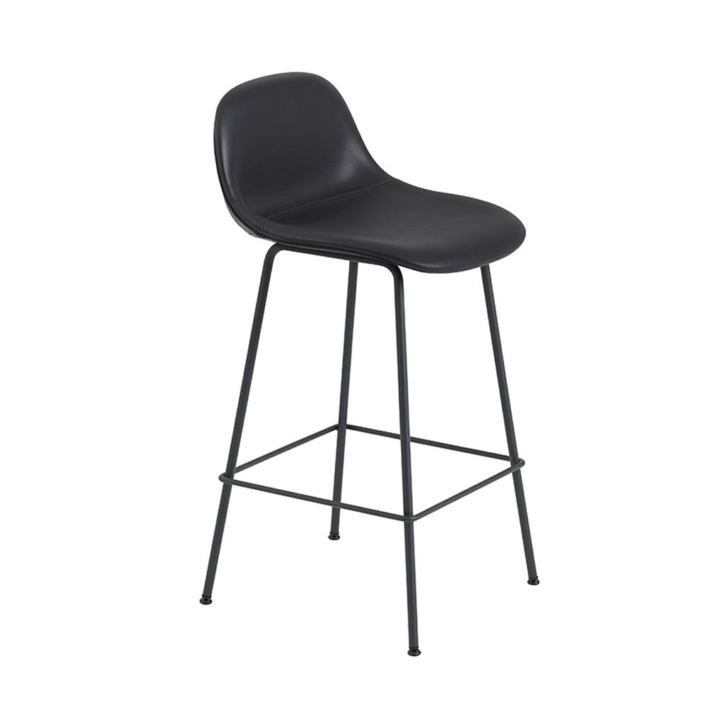 Fiber Counter Stool with Backrest: Tube Base + Upholstered + Black + Refine Leather Black