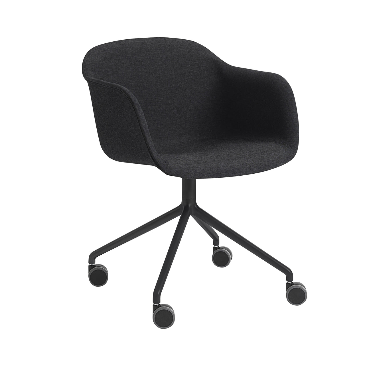 Fiber Armchair Swivel Base with Castors: Front Upholstered + Recycled Shell + Anthracite Black + Black + Black