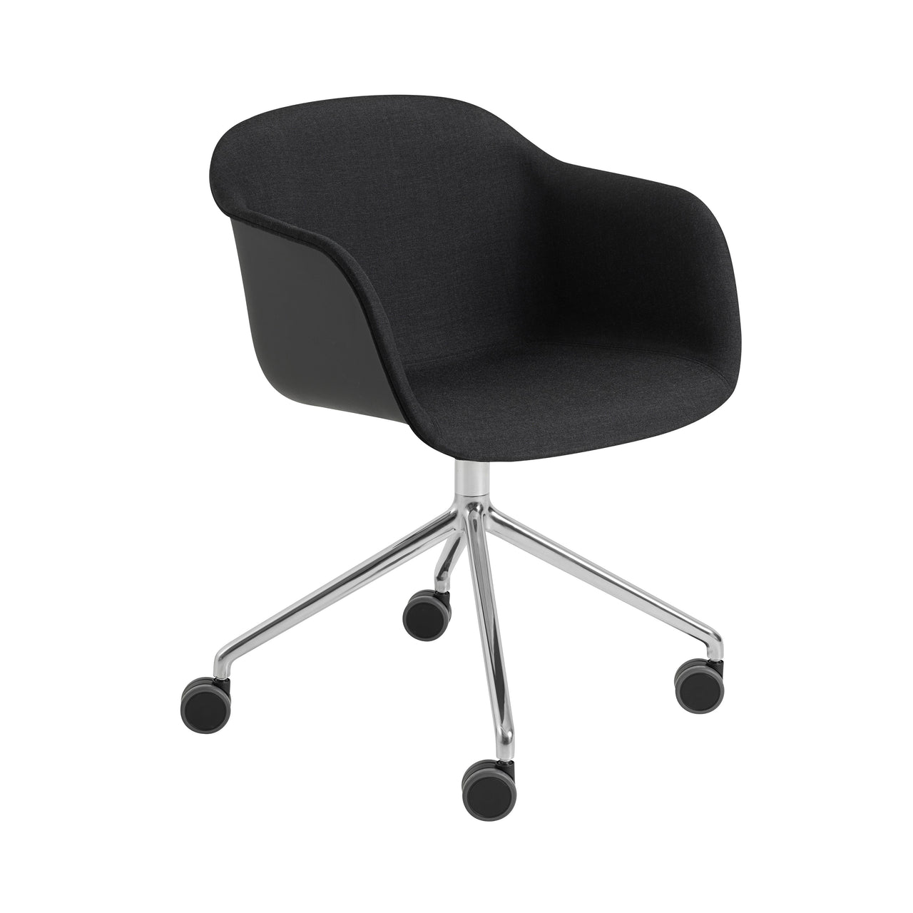Fiber Armchair Swivel Base with Castors: Front Upholstered + Recycled Shell + Polished Aluminum + Black + Grey