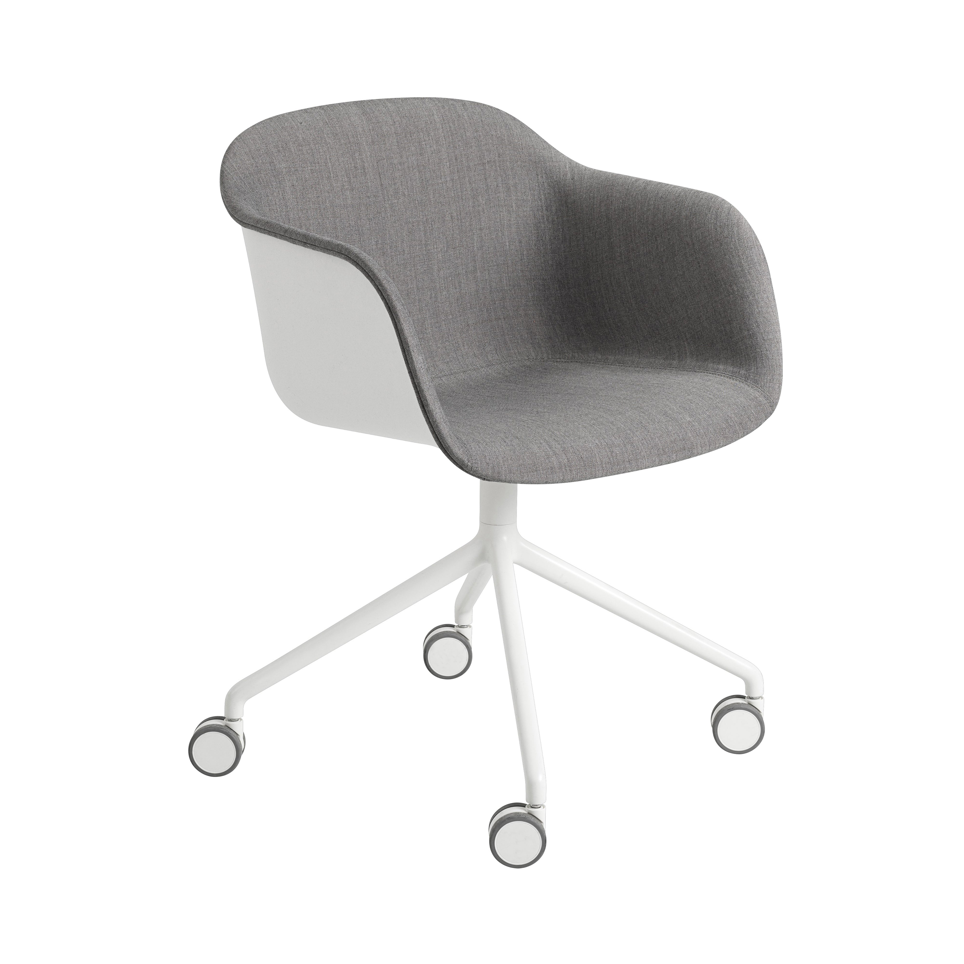 Fiber Armchair Swivel Base with Castors: Front Upholstered + Recycled Shell + White + Natural White