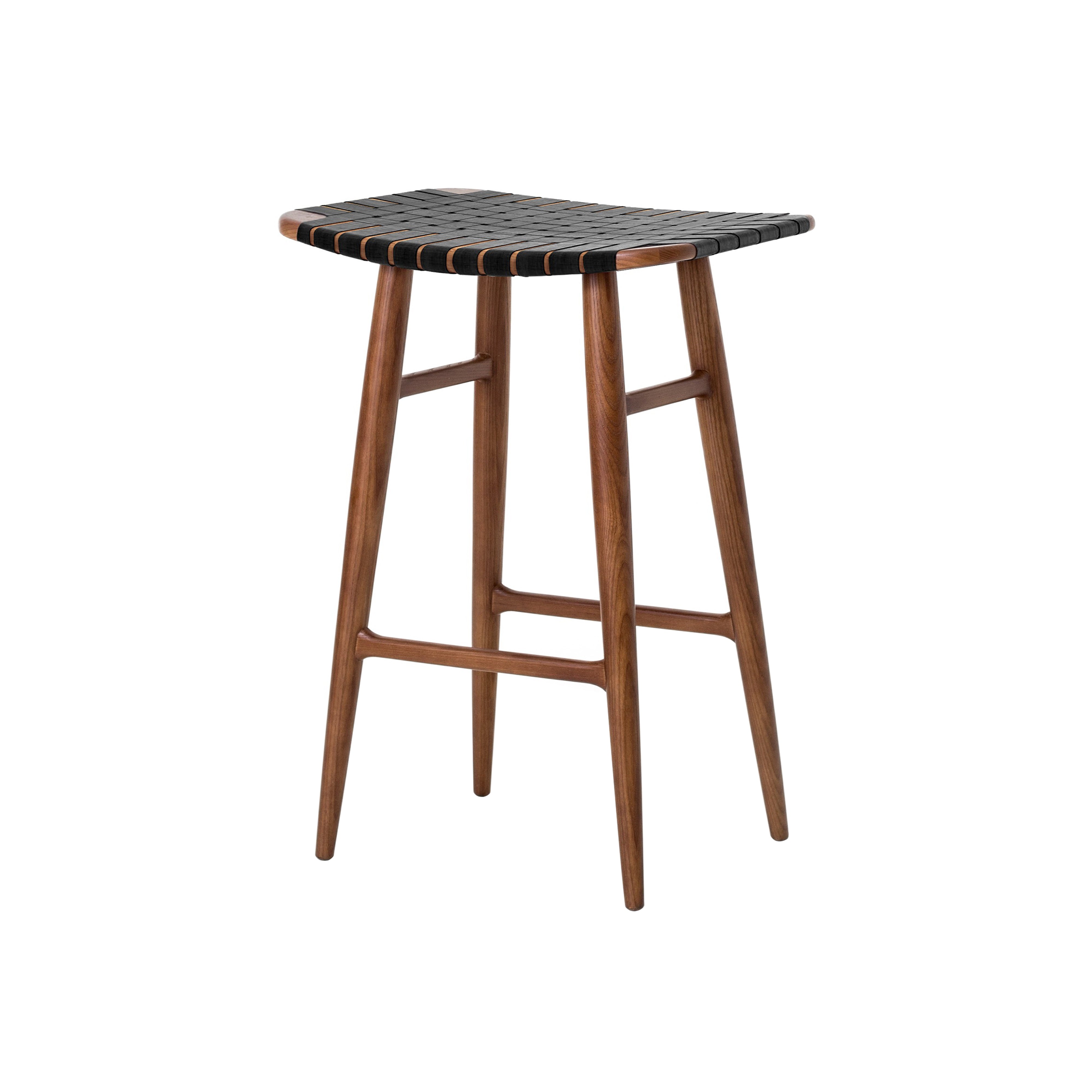 Freja Counter Stool: Natural Walnut + Black Saddle + Leather Stripe Seat