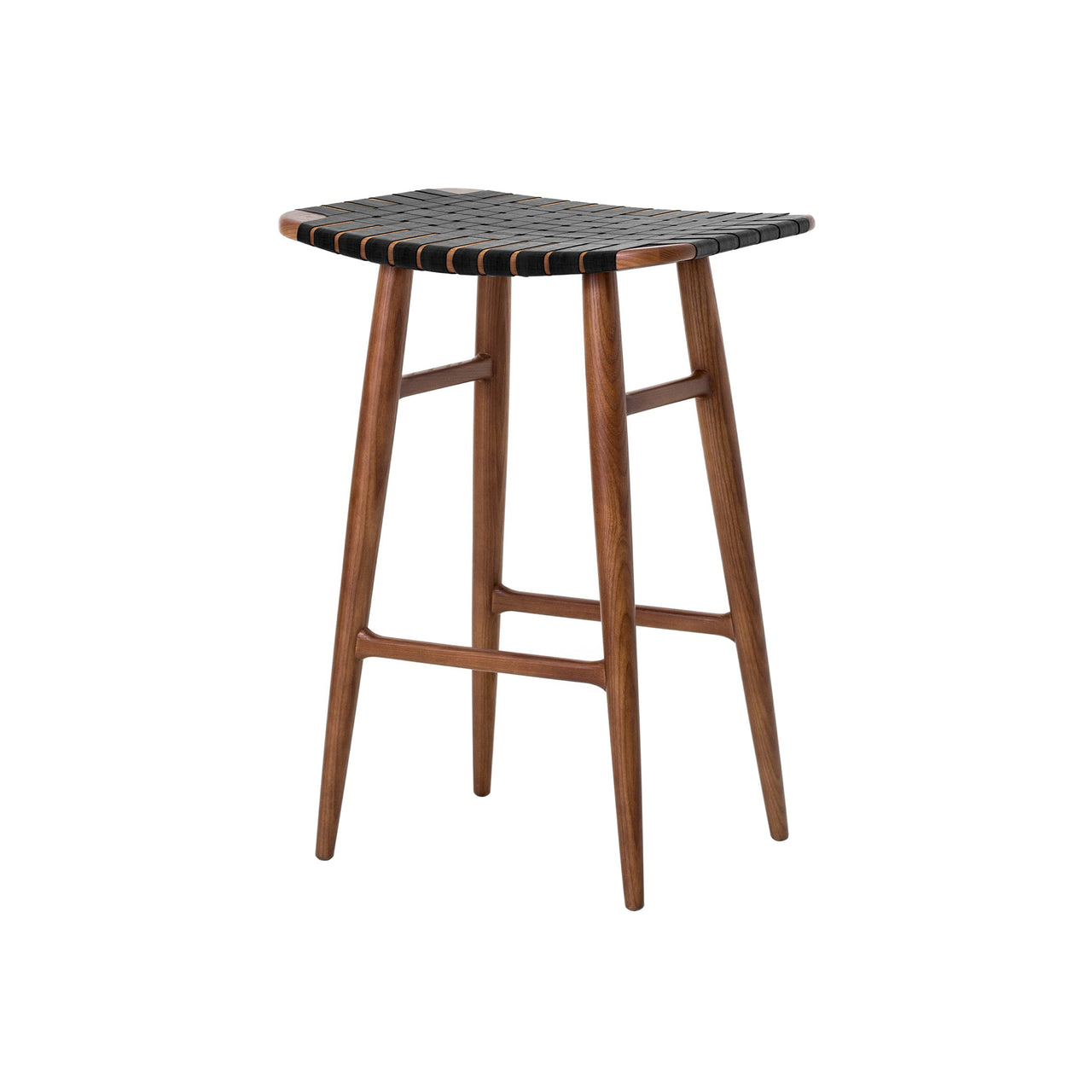 Freja Counter Stool: Natural Walnut + Black Saddle + Leather Stripe Seat