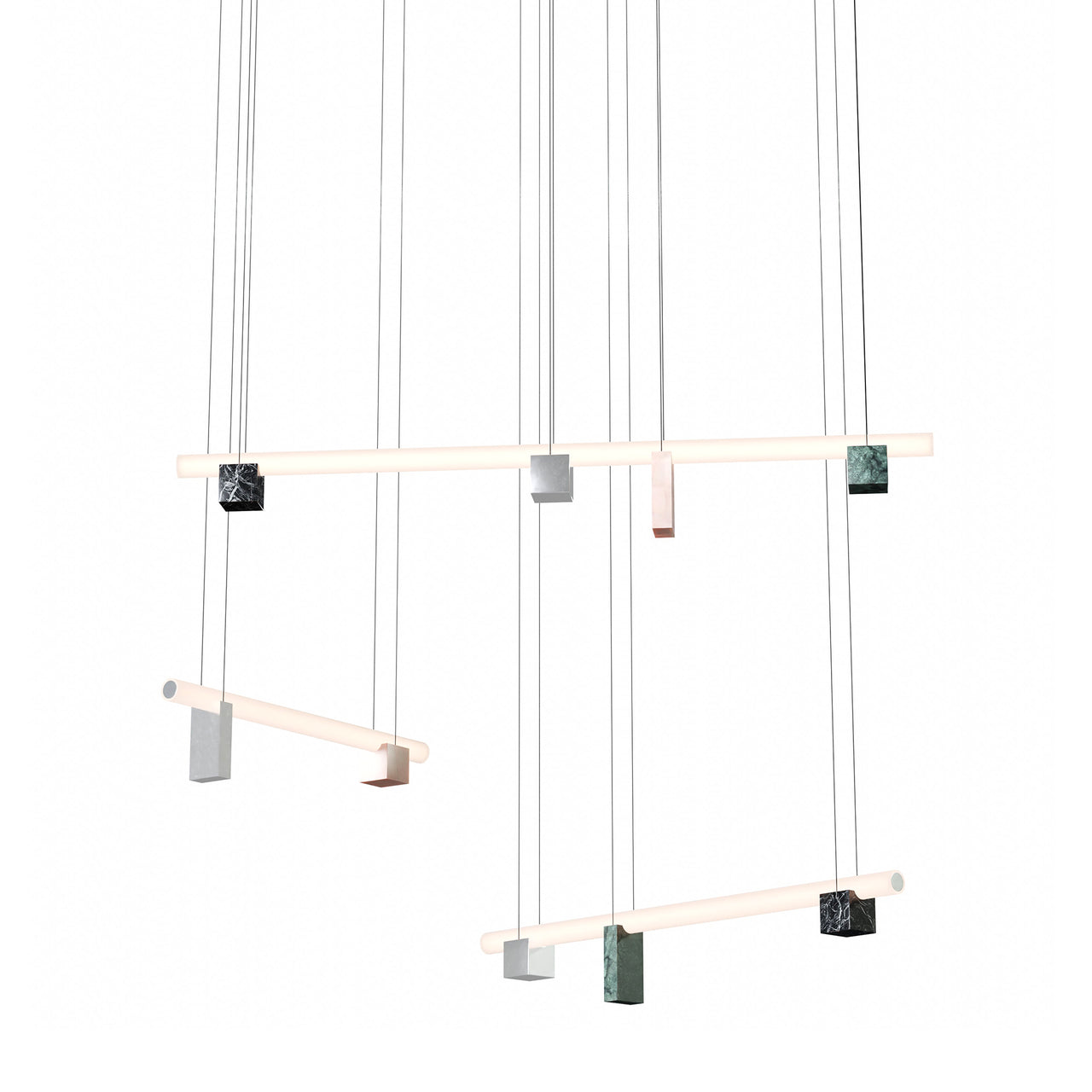 Isle 14 Suspension Lamp: Polished Aluminum + Black Marquina + Guatemala Green + Pink Portugal Marble