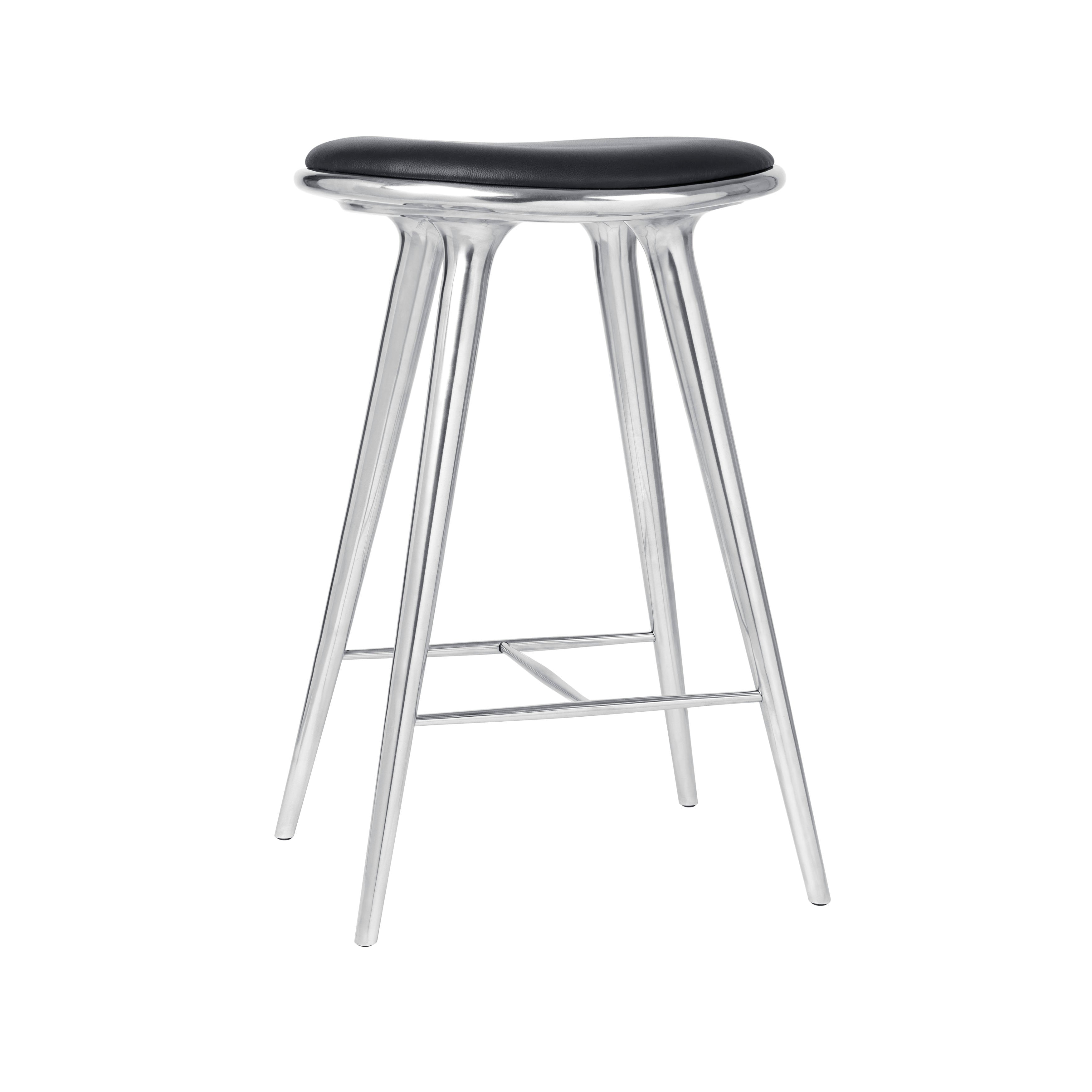 High Stool: Counter + Polished Aluminum + Black Leather