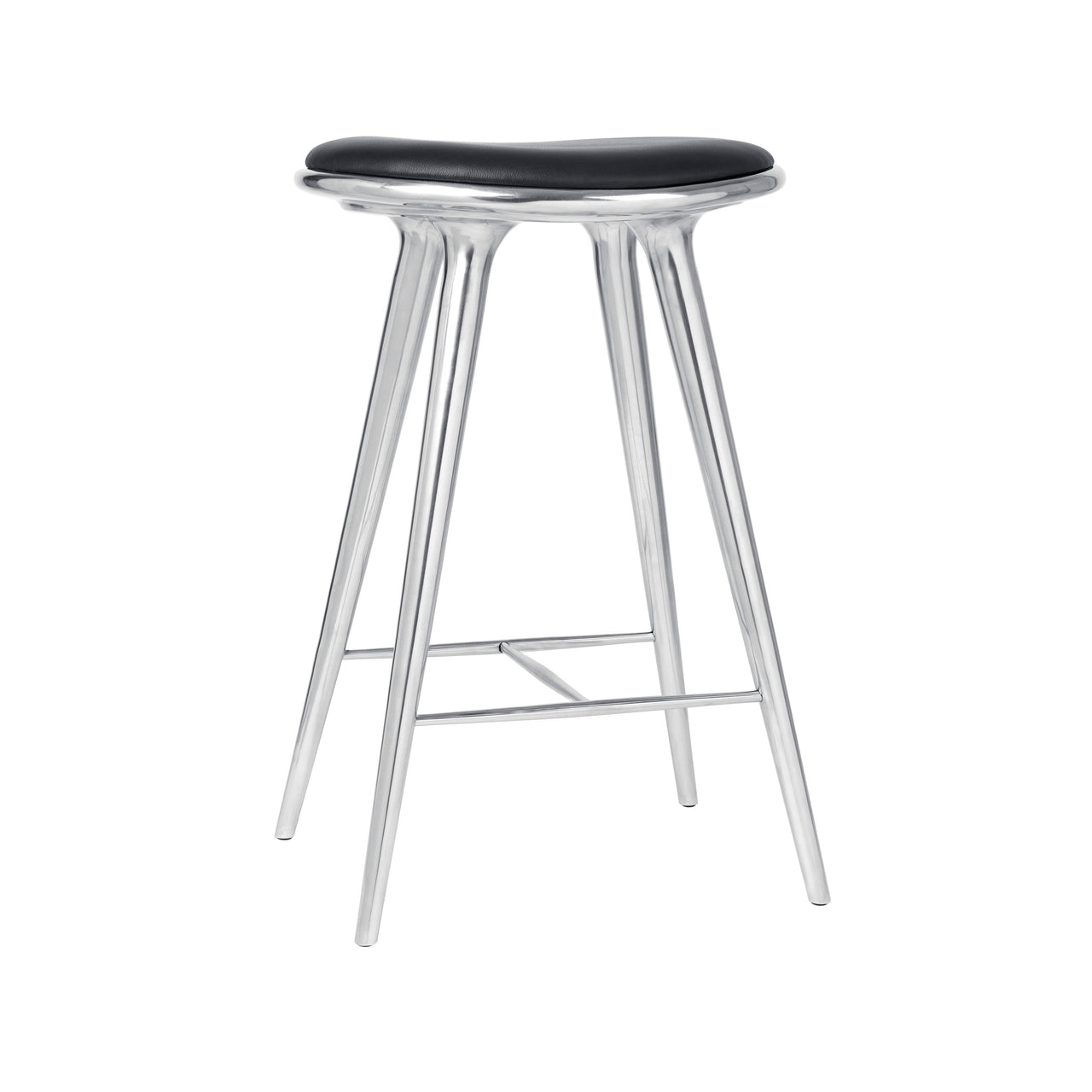 High Stool: Counter + Polished Aluminum + Black Leather