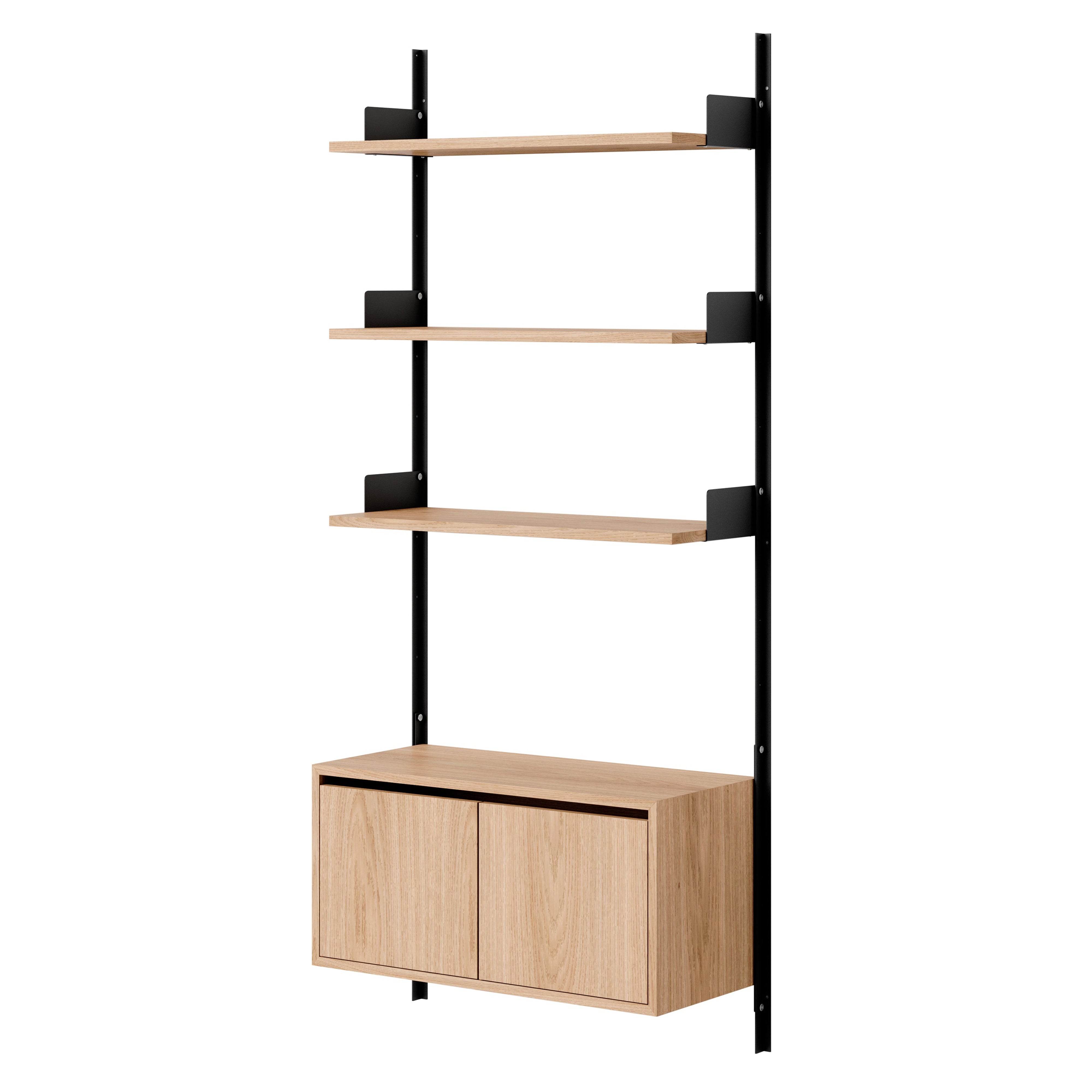 New Works Wall Shelf Cabinet with Doors: Low + Oak + Black