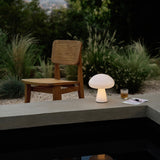 A glowing white mushroom-shaped lamp on a concrete ledge beside a cane-backed wooden chair in a garden at dusk