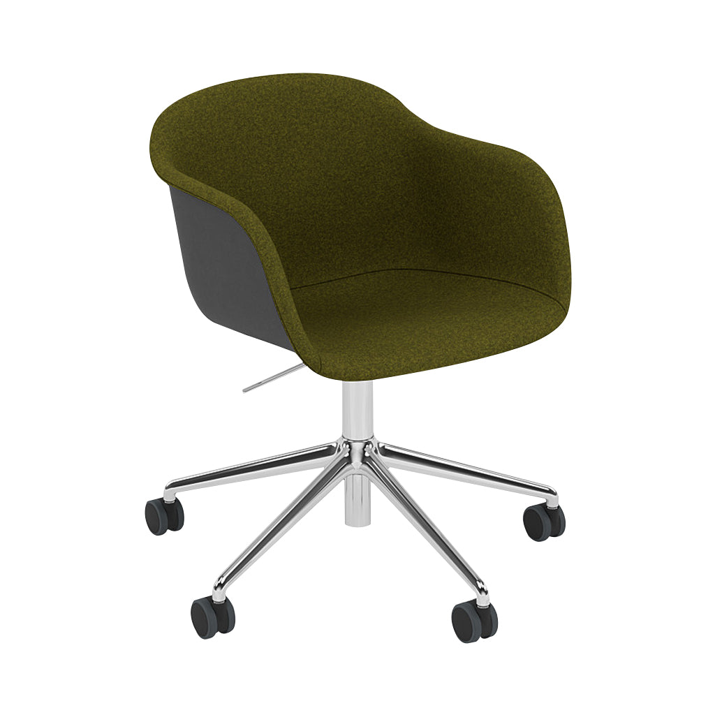 Fiber Armchair Swivel Base with Castors + Gaslift: Front Upholstered + Recycled Shell + Polished Aluminum + Black + Black