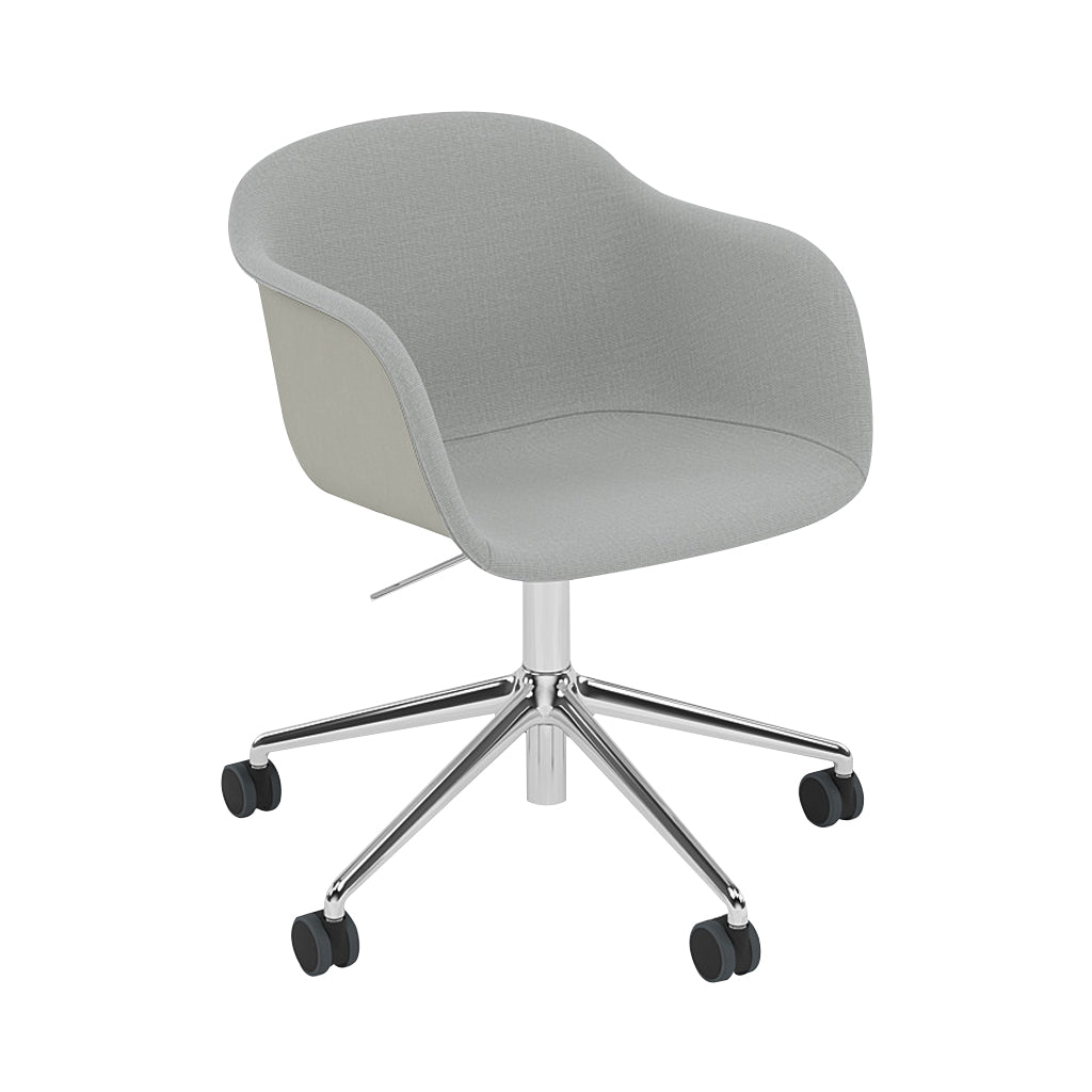 Fiber Armchair Swivel Base with Castors + Gaslift: Front Upholstered + Recycled Shell + Polished Aluminum + Black + Grey