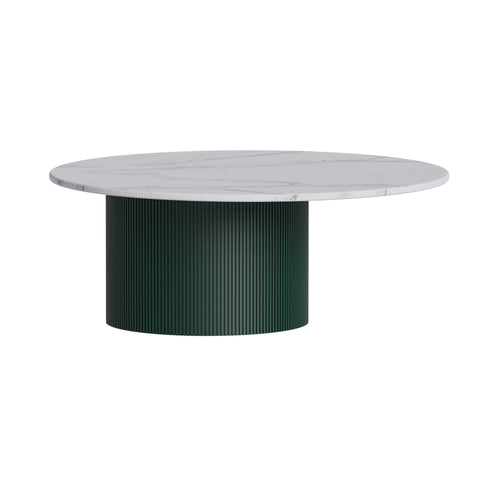 Dune Coffee Table: Round + Silestone Calacatta Gold + Forest Green