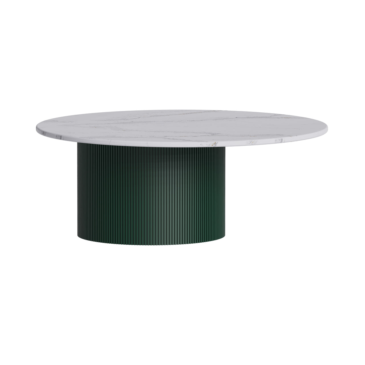 Dune Coffee Table: Round + Silestone Calacatta Gold + Forest Green