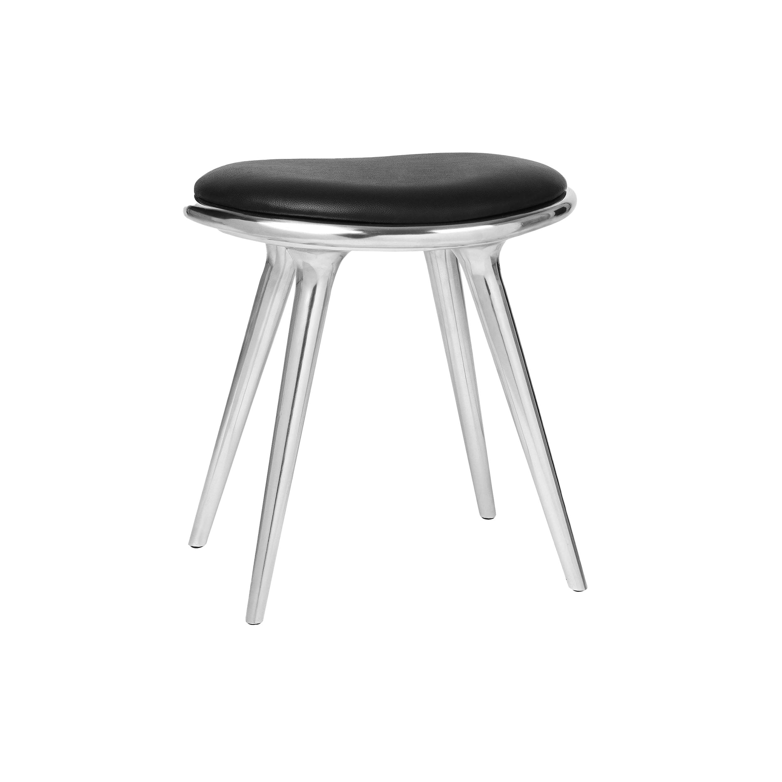 Low Stool: Polished Aluminum + Black Leather